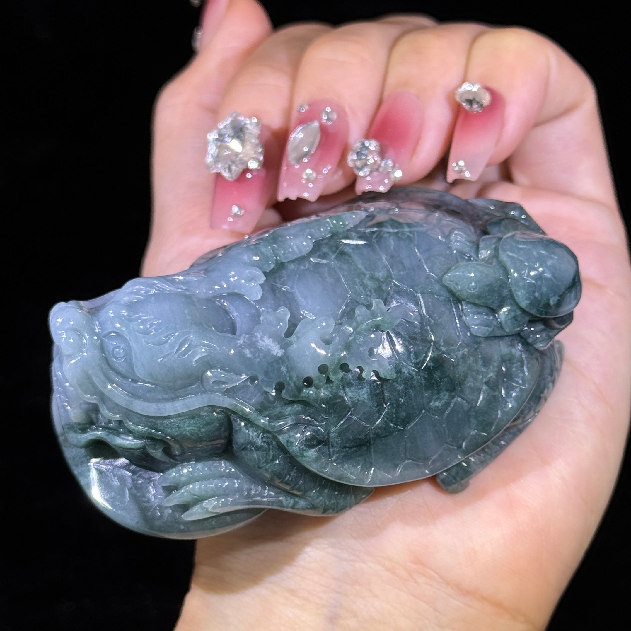 Type A Blueish Green Jade Dragon Tortoise Display