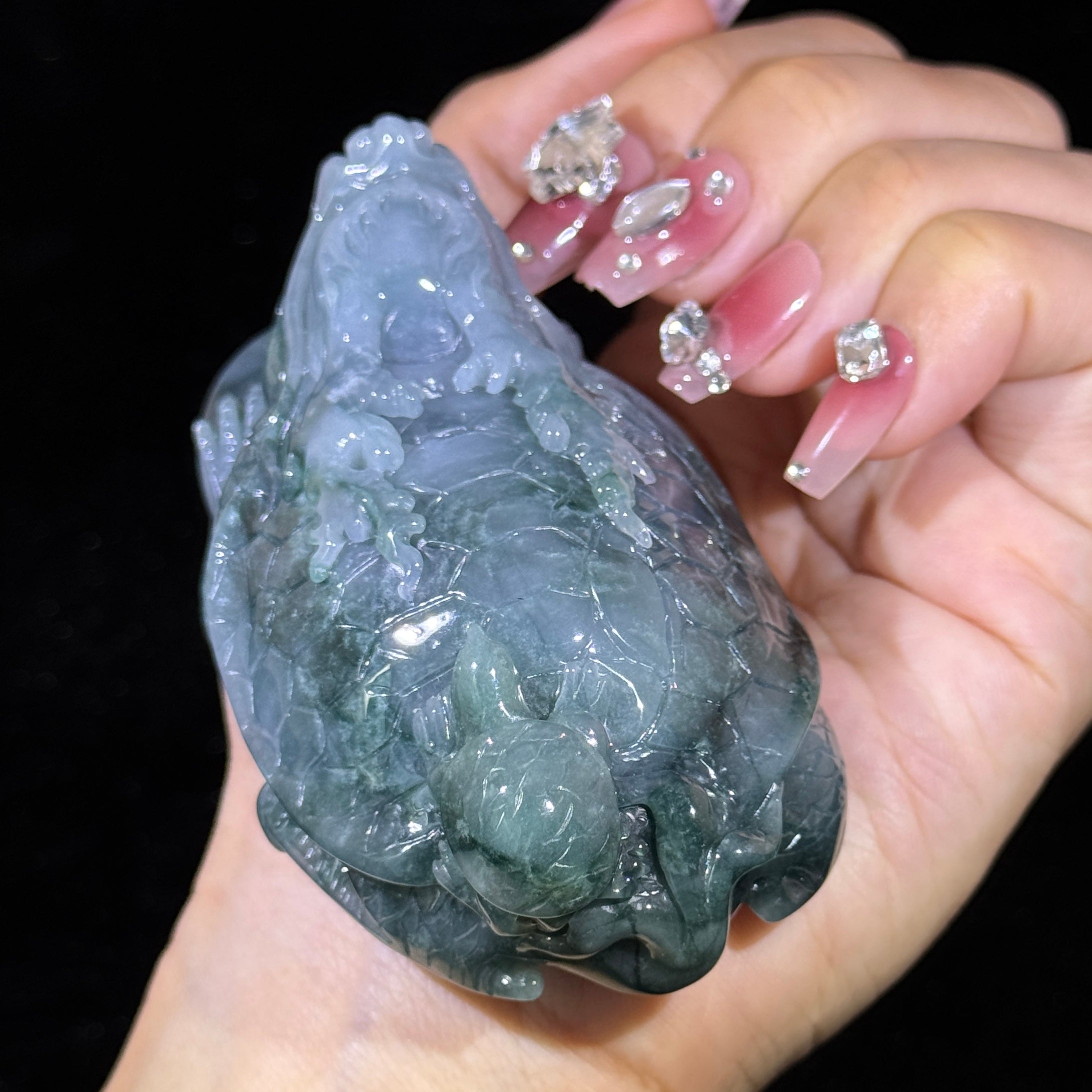 Type A Blueish Green Jade Dragon Tortoise Display