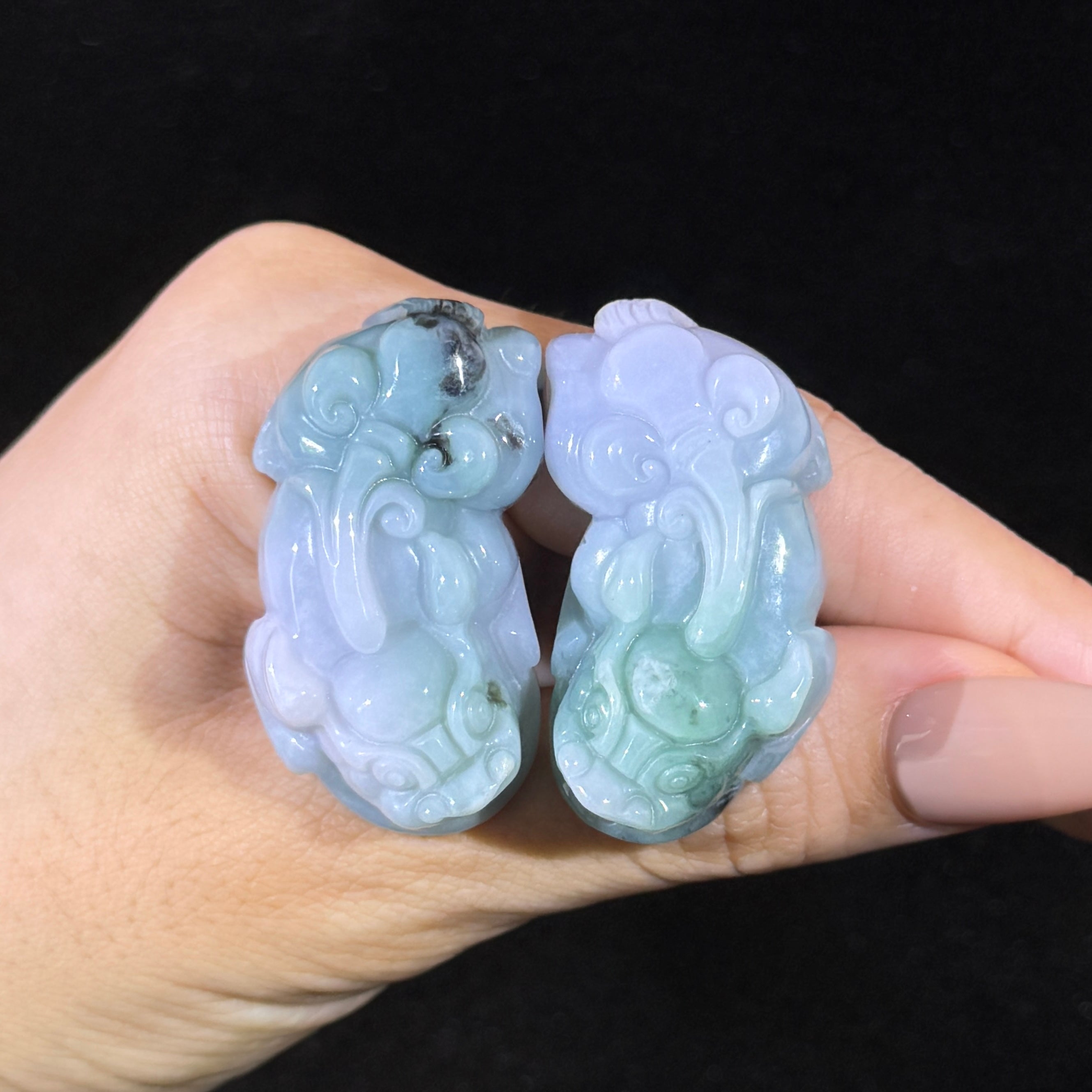 Type A Lavender & Green Jade Pixiu Pair Display