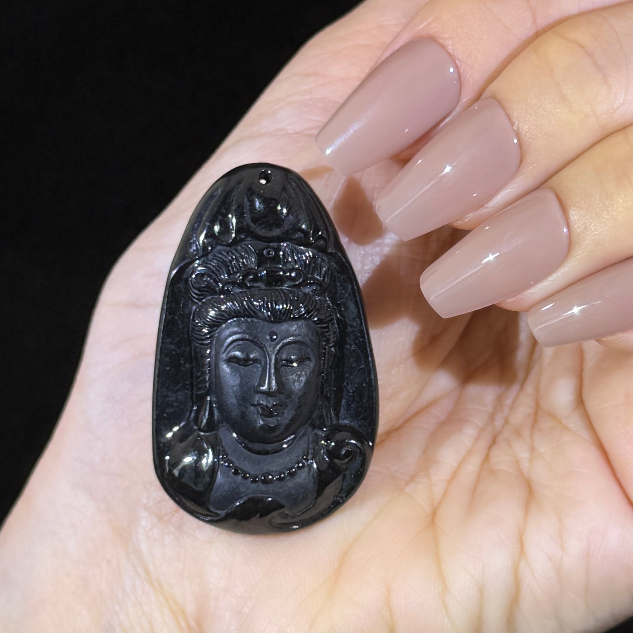 Type A Black Jade Guan Yin Pendant