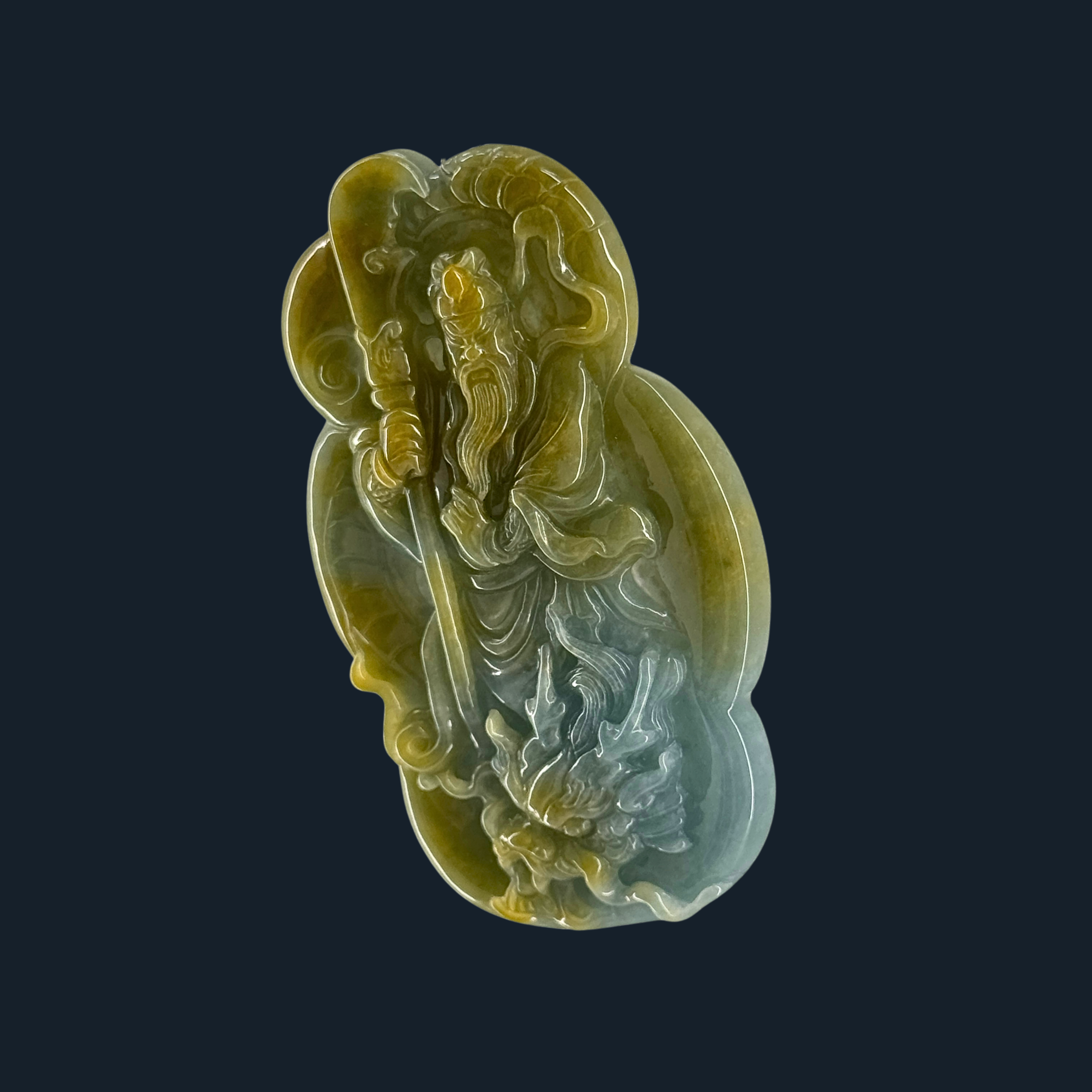 Type A Blueish Green & Yellow Jade Guan Gong & Dragon Pendant