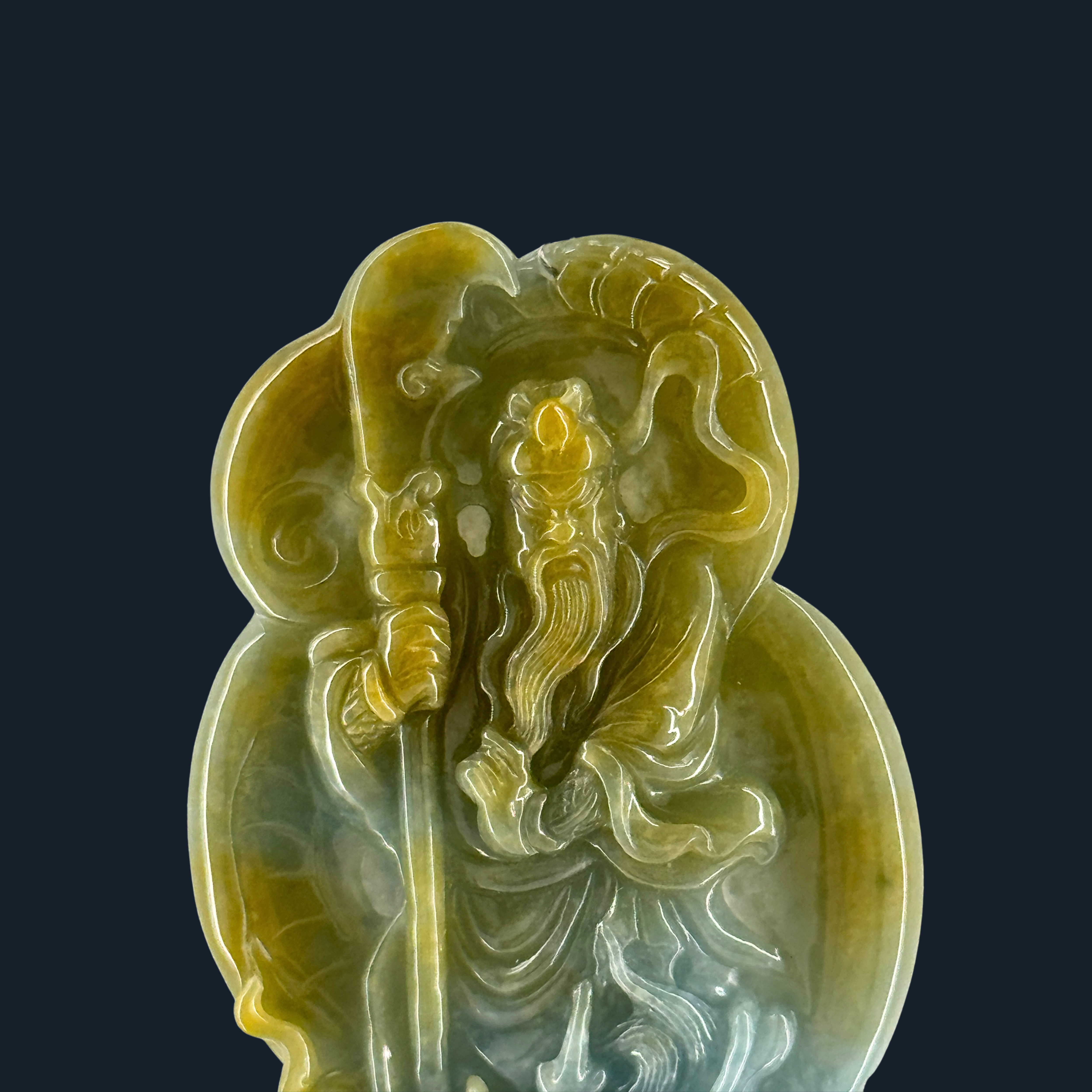 Type A Blueish Green & Yellow Jade Guan Gong & Dragon Pendant