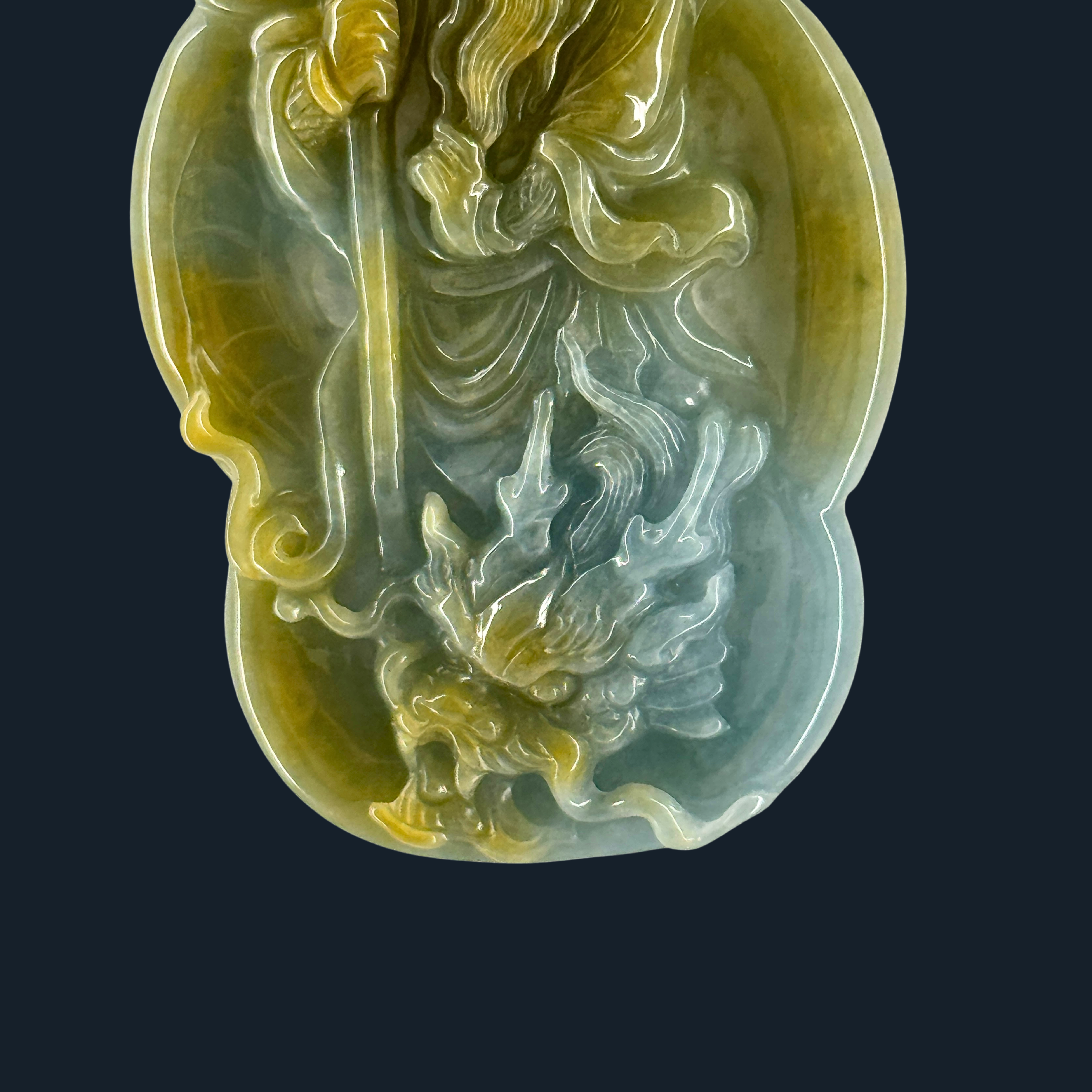 Type A Blueish Green & Yellow Jade Guan Gong & Dragon Pendant