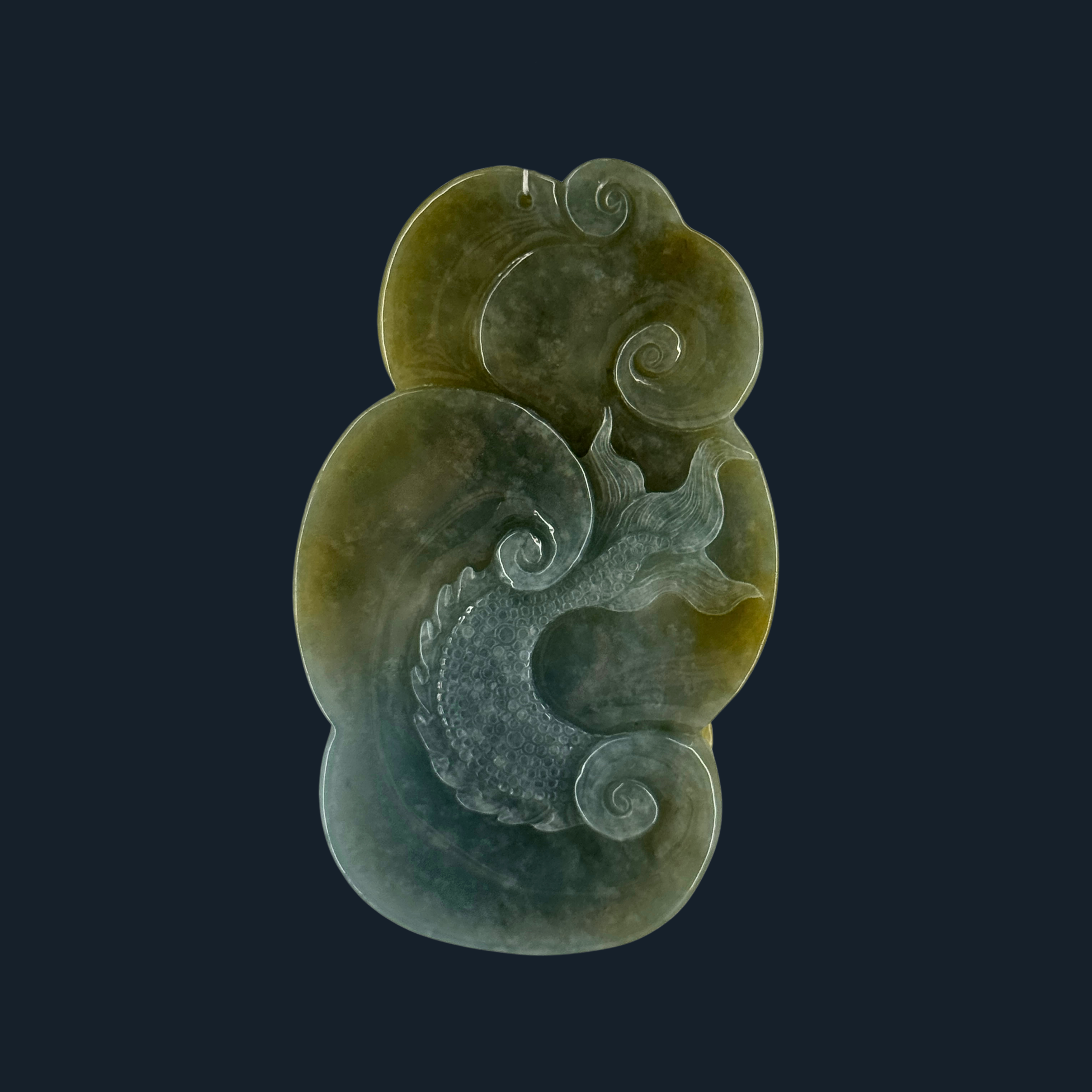 Type A Blueish Green & Yellow Jade Guan Gong & Dragon Pendant
