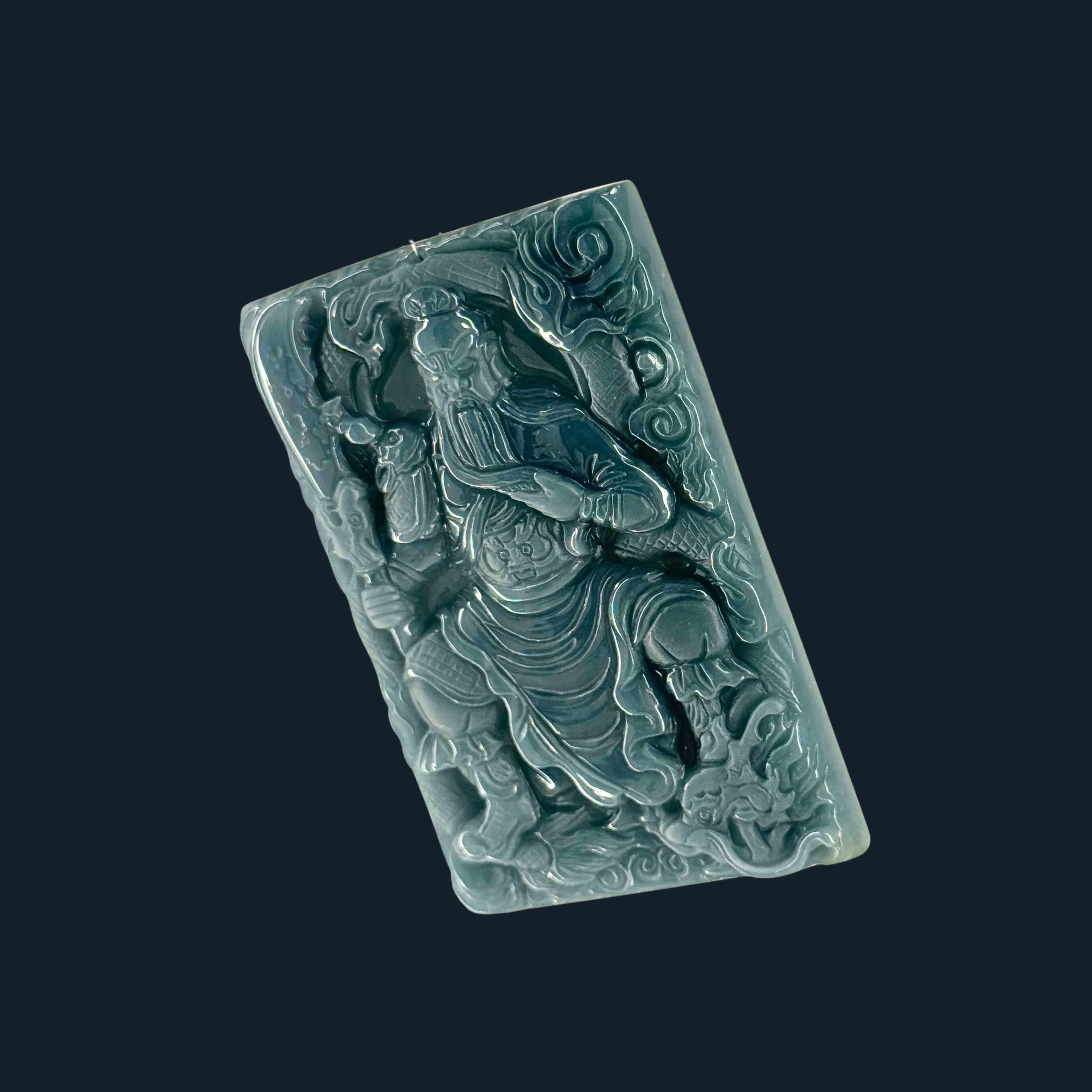 Type A Blueish Green Jade Guan Gong & Dragon