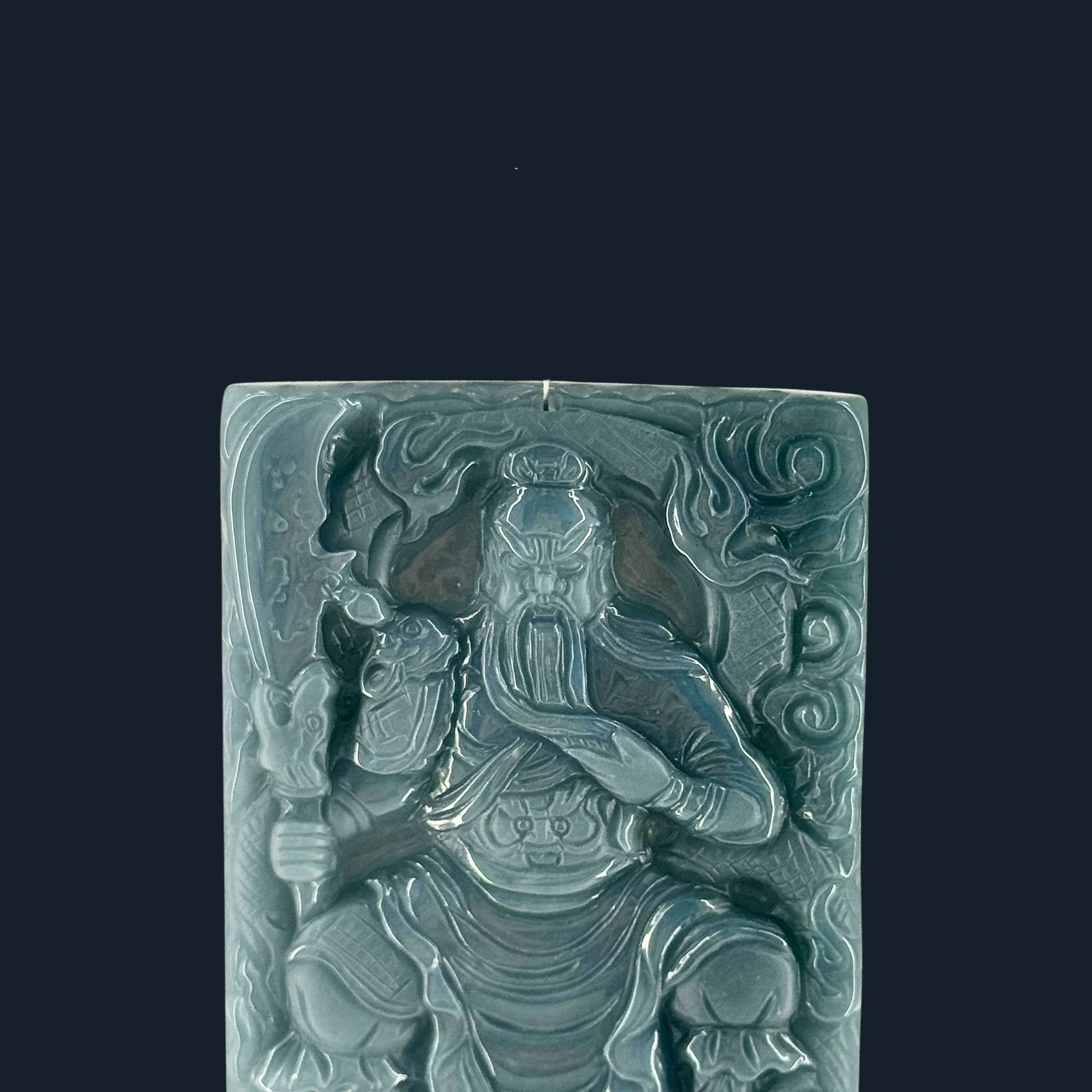Type A Blueish Green Jade Guan Gong & Dragon