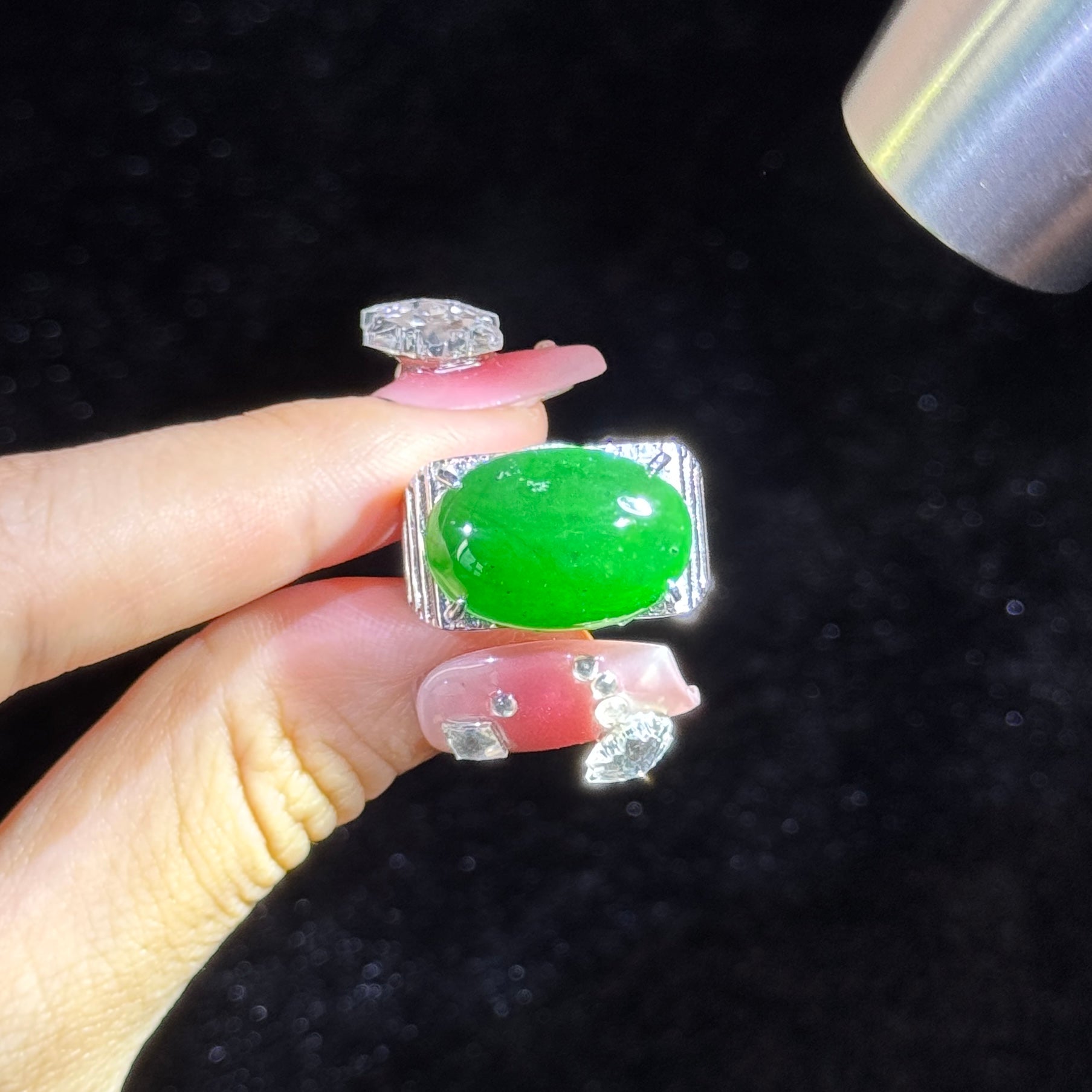 925 Sliver Type A Green Jade Ring