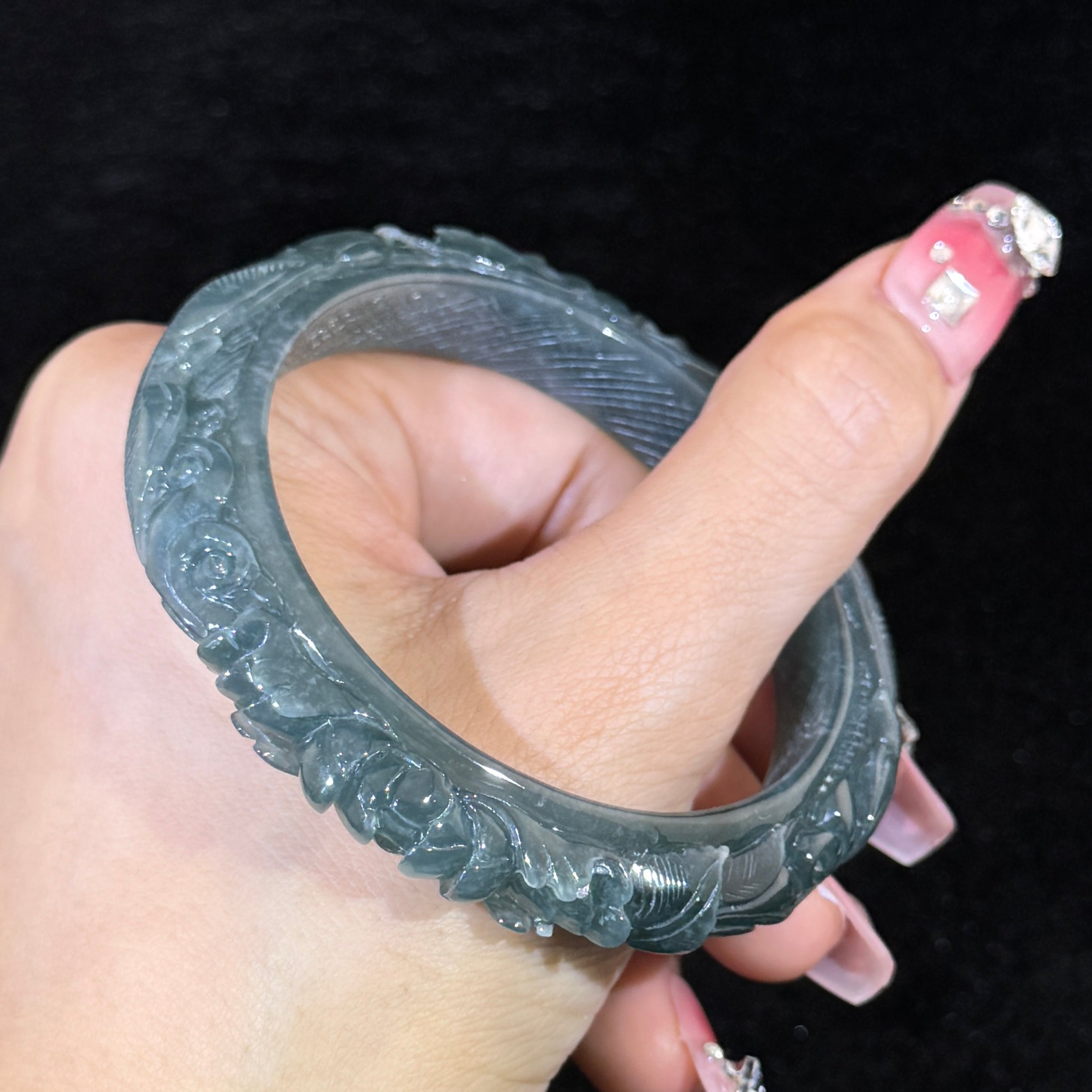 Type A Blueish Green Jade Birds & Flowers Bangle Pendant set