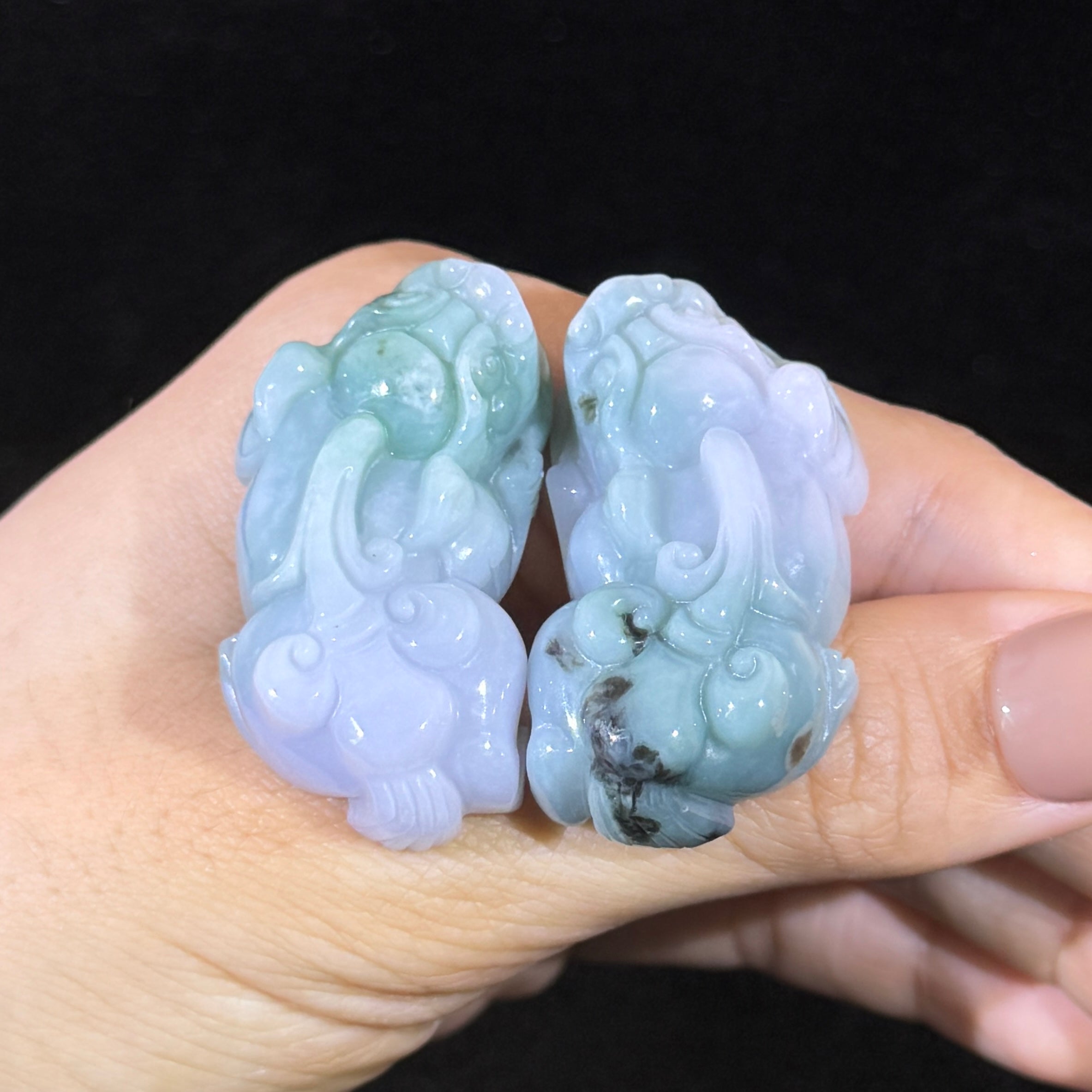 Type A Lavender & Green Jade Pixiu Pair Display