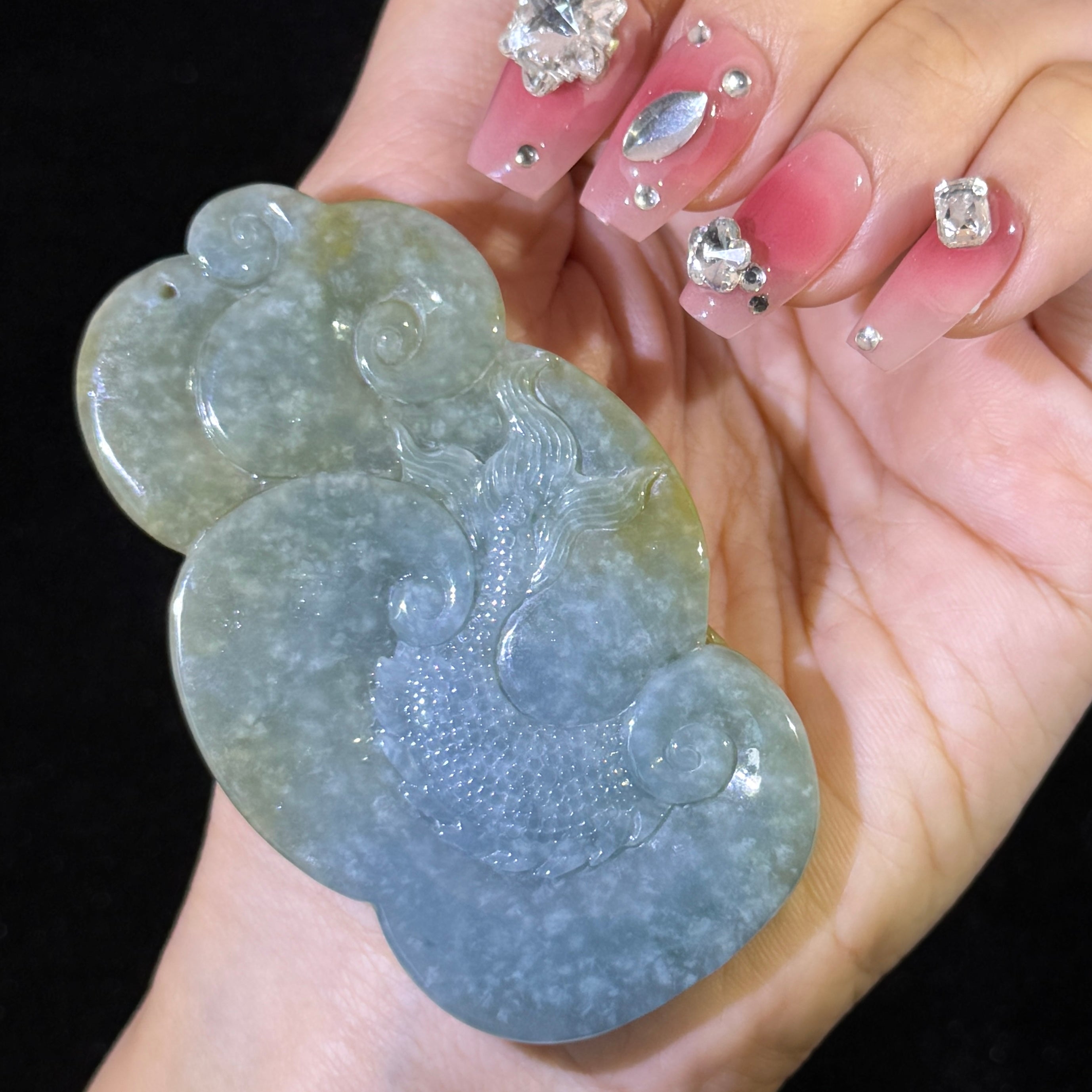 Type A Blueish Green & Yellow Jade Guan Gong & Dragon Pendant