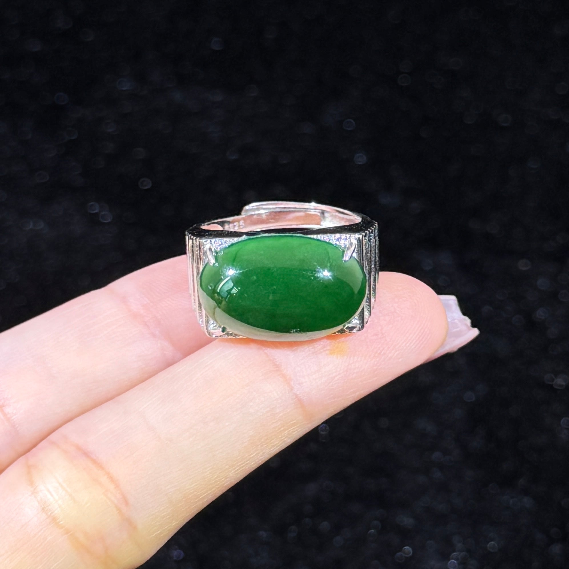 925 Sliver Type A Green Jade Ring