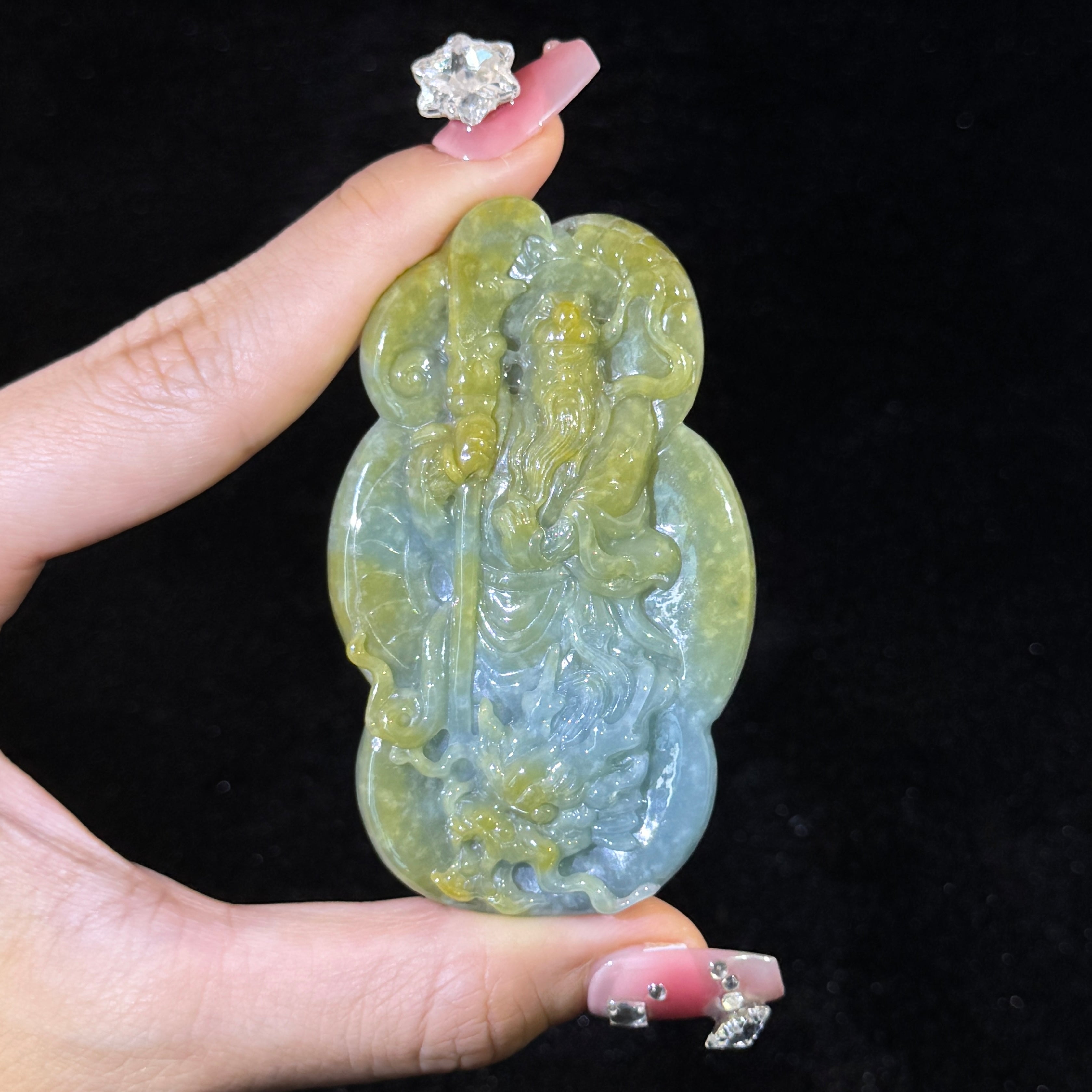 Type A Blueish Green & Yellow Jade Guan Gong & Dragon Pendant