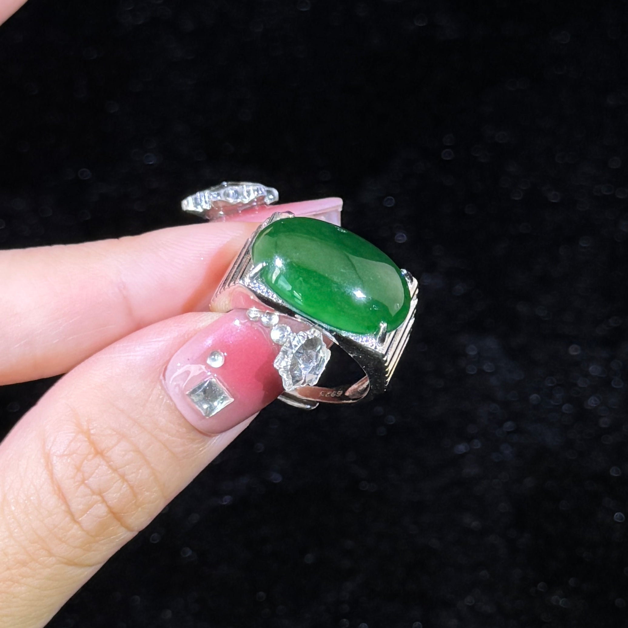 925 Sliver Type A Green Jade Ring