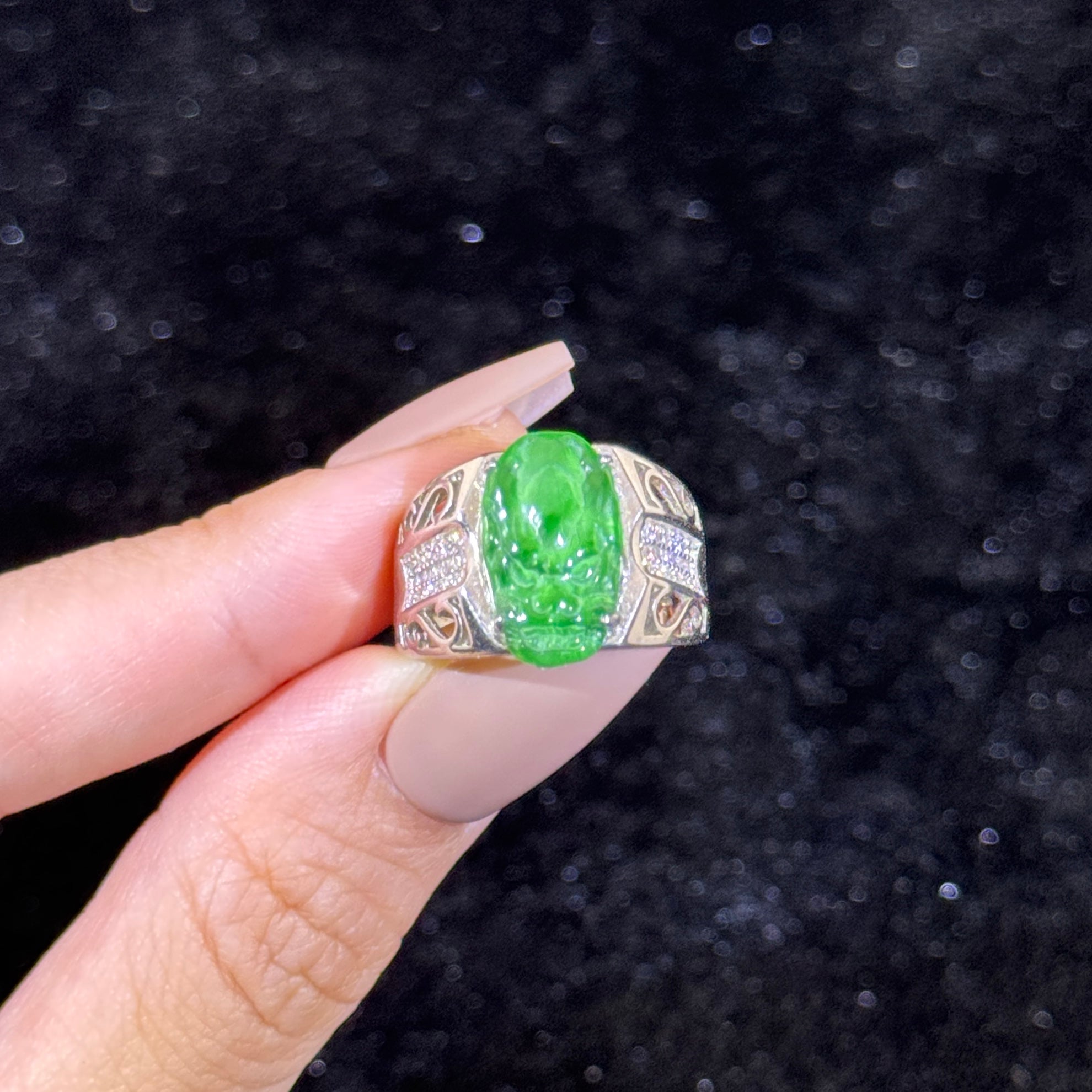 925 Sliver Type A Green Jade Dragon Head Ring