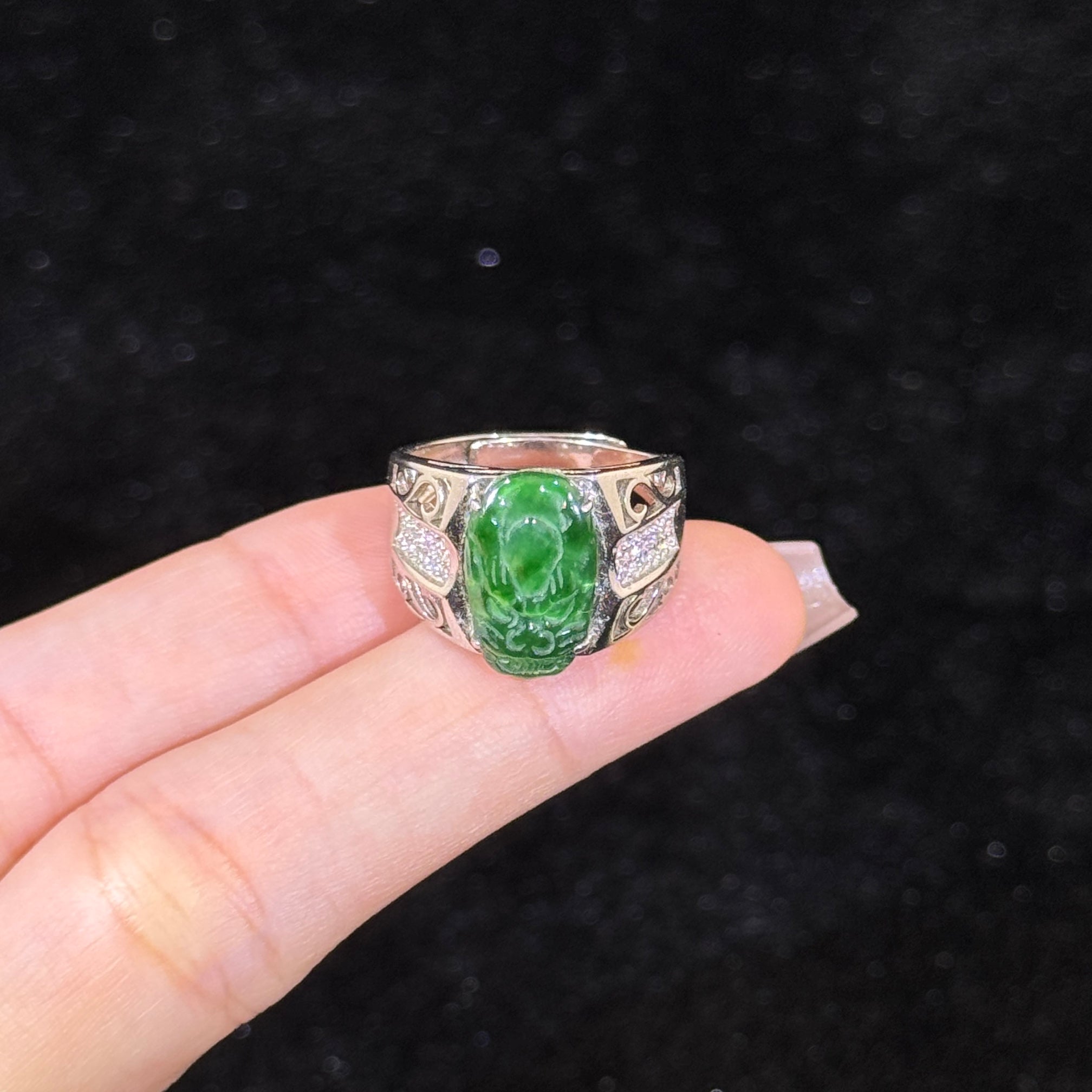 925 Sliver Type A Green Jade Dragon Head Ring