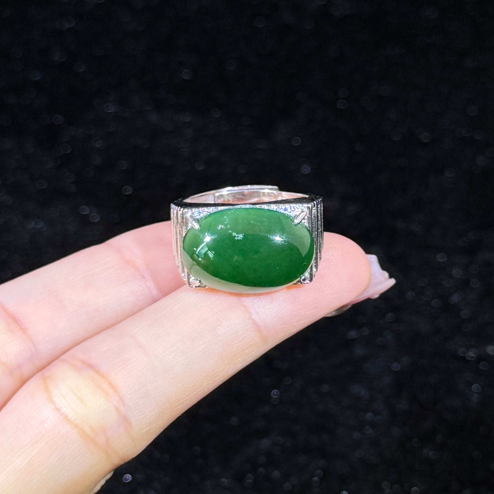 925 Sliver Type A Green Jade Ring