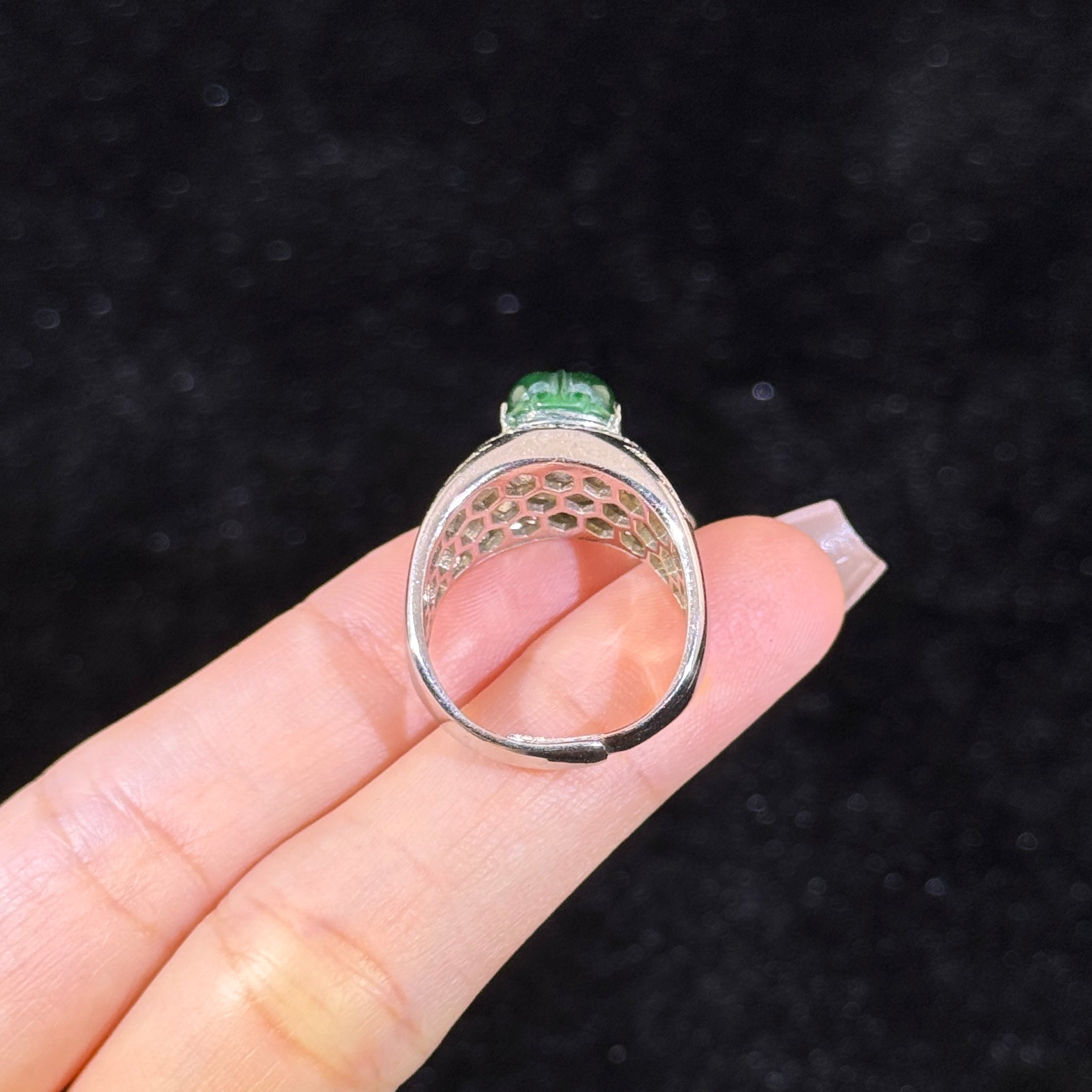 925 Sliver Type A Green Jade Pixiu Ring