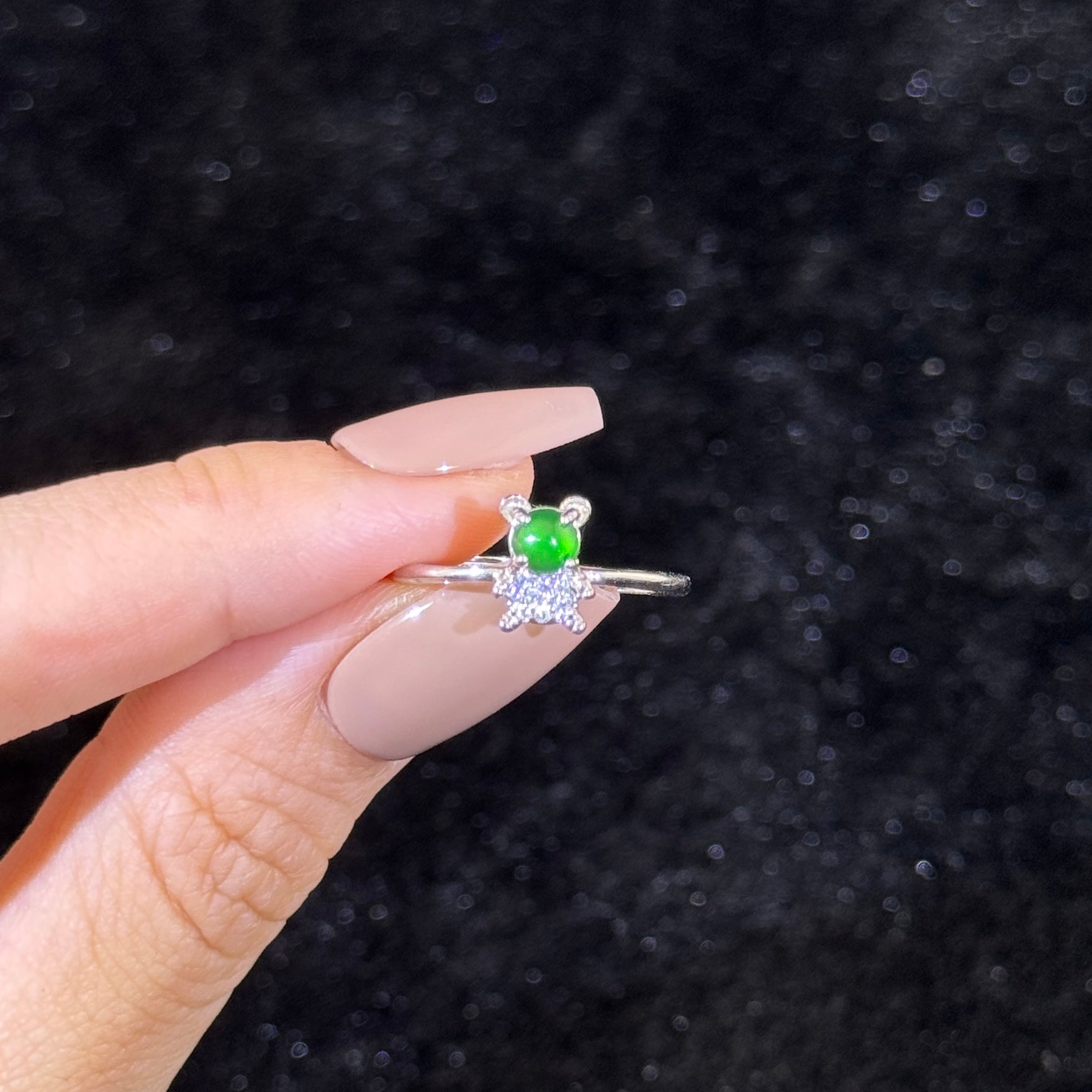 925 Sliver Type A Green Jade Bear Ring