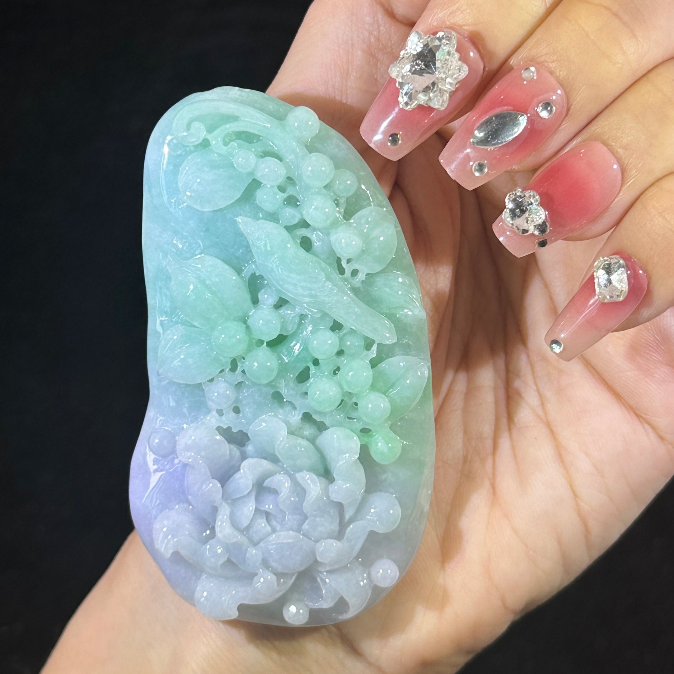Type A Lavender & Green Jade Birds & Flowers Pendant