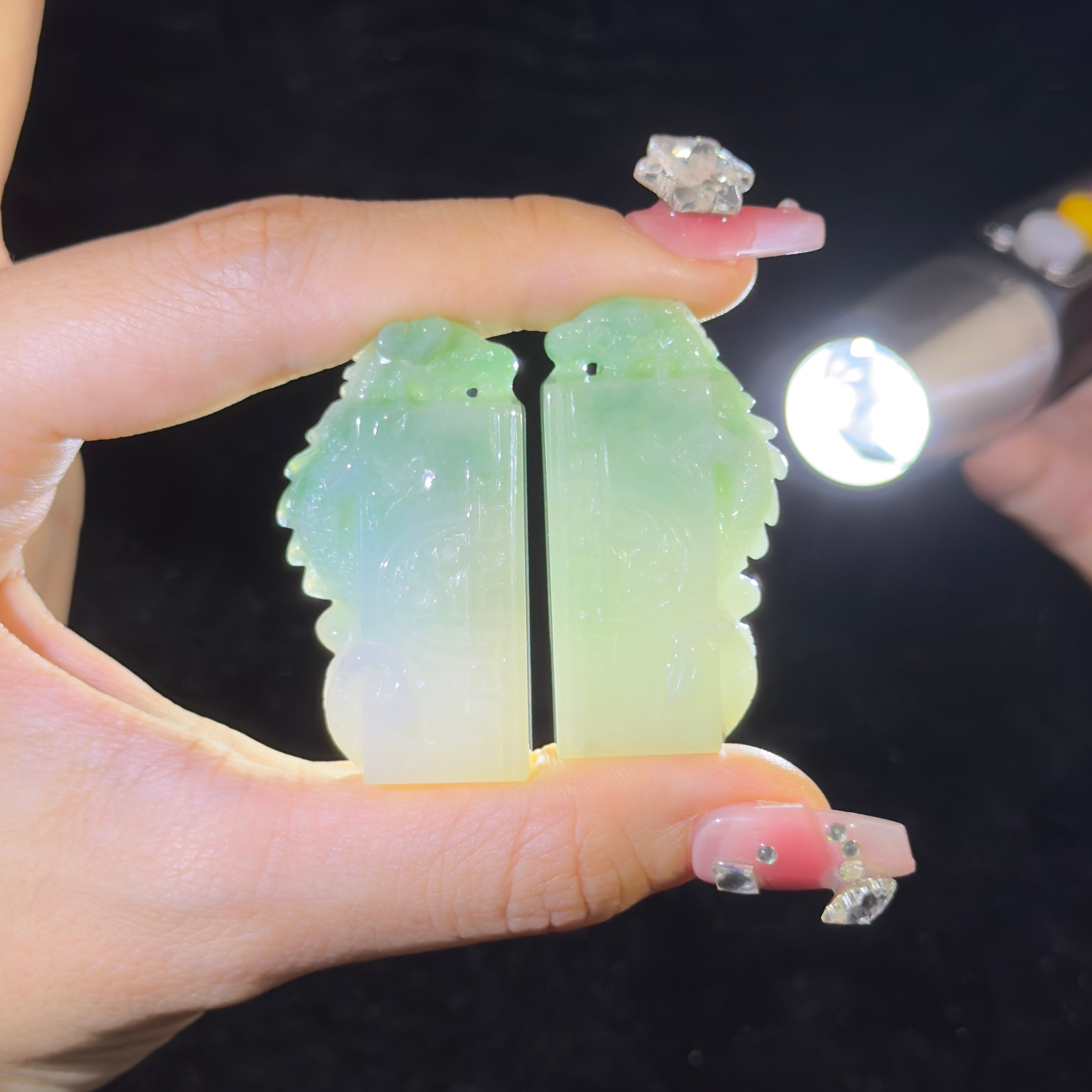 Type A Green Jade Pair of Dragon Seal Display