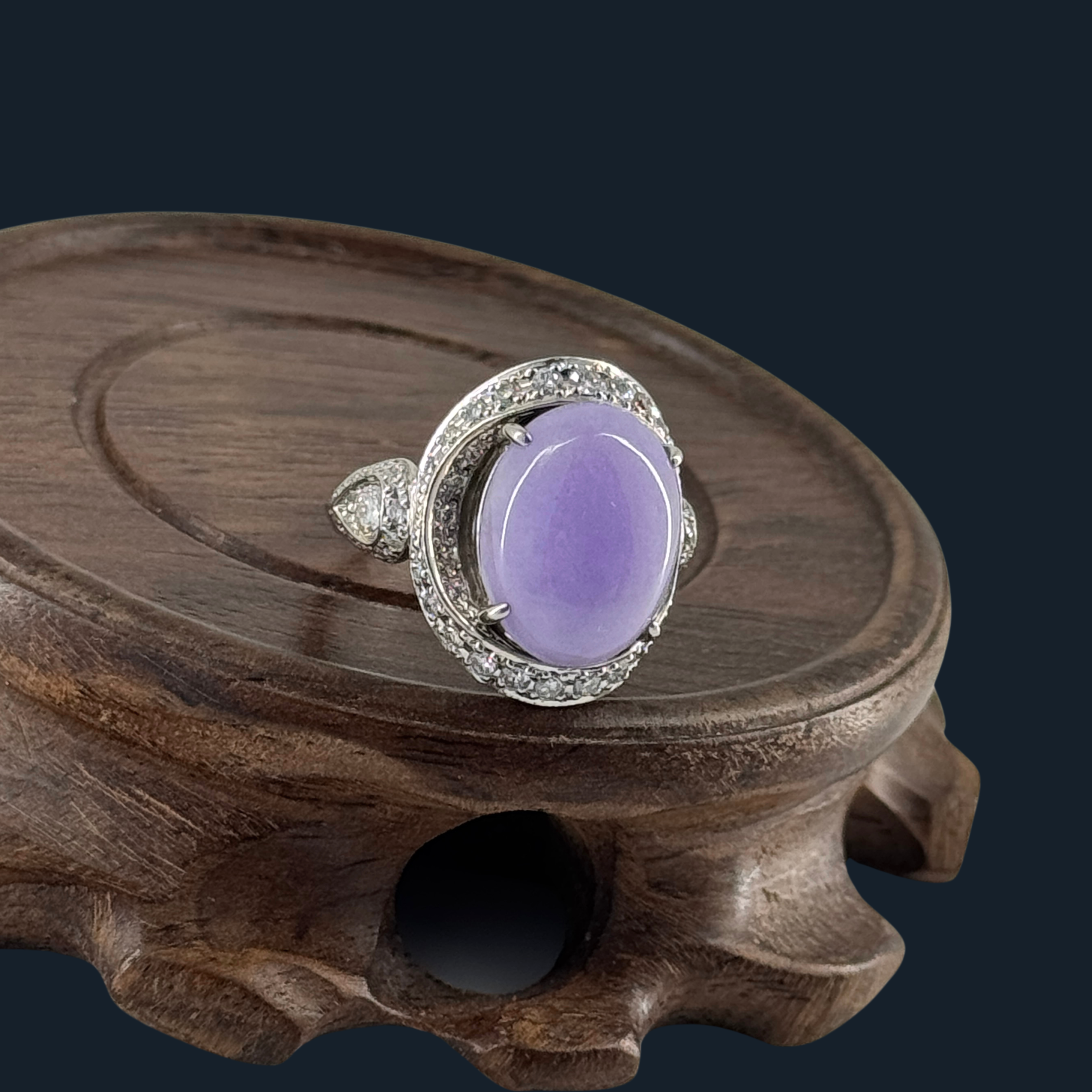 Type A Lavender Jade Ring with Natural Diamonds and Platinum Pt900 NGI Cert