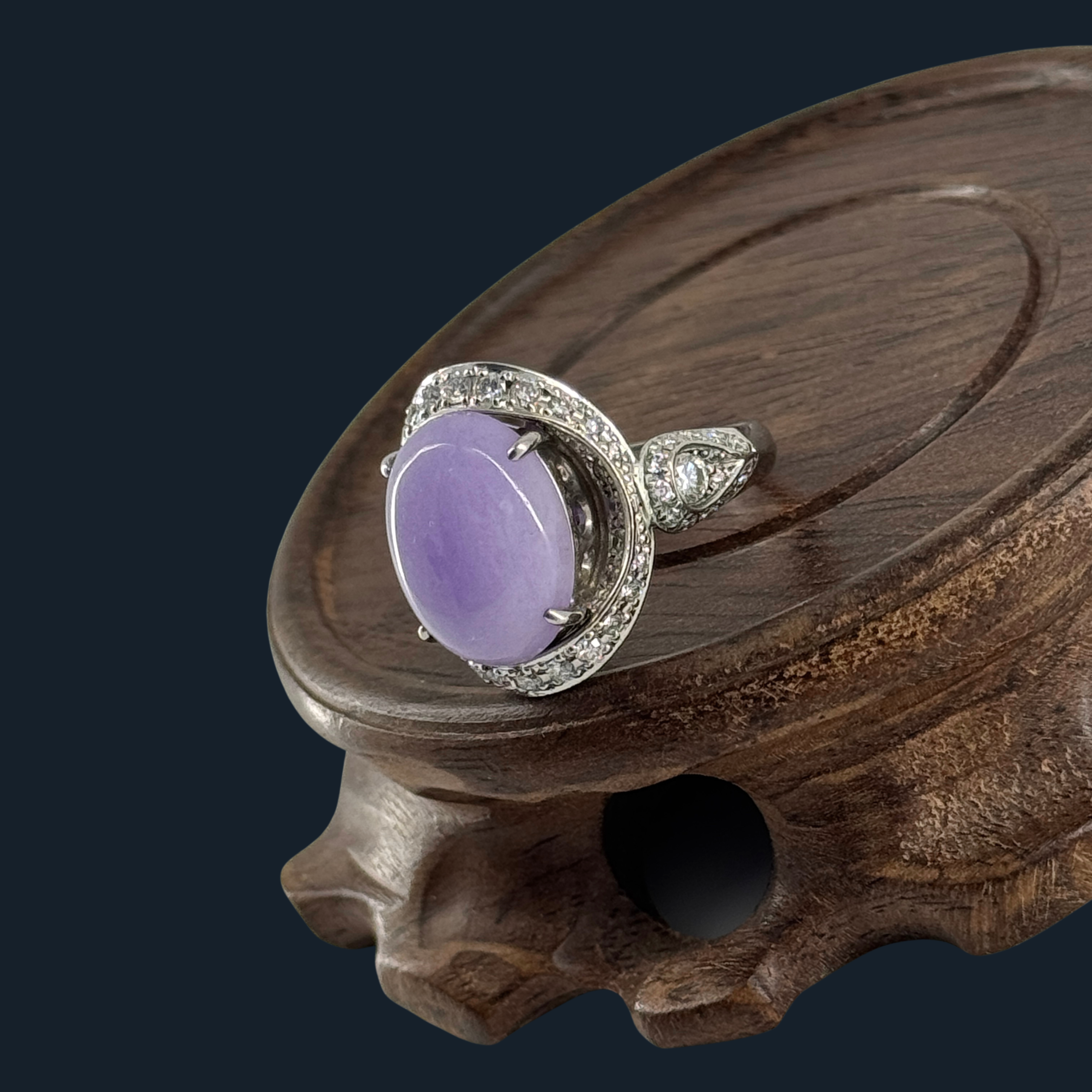 Type A Lavender Jade Ring with Natural Diamonds and Platinum Pt900 NGI Cert