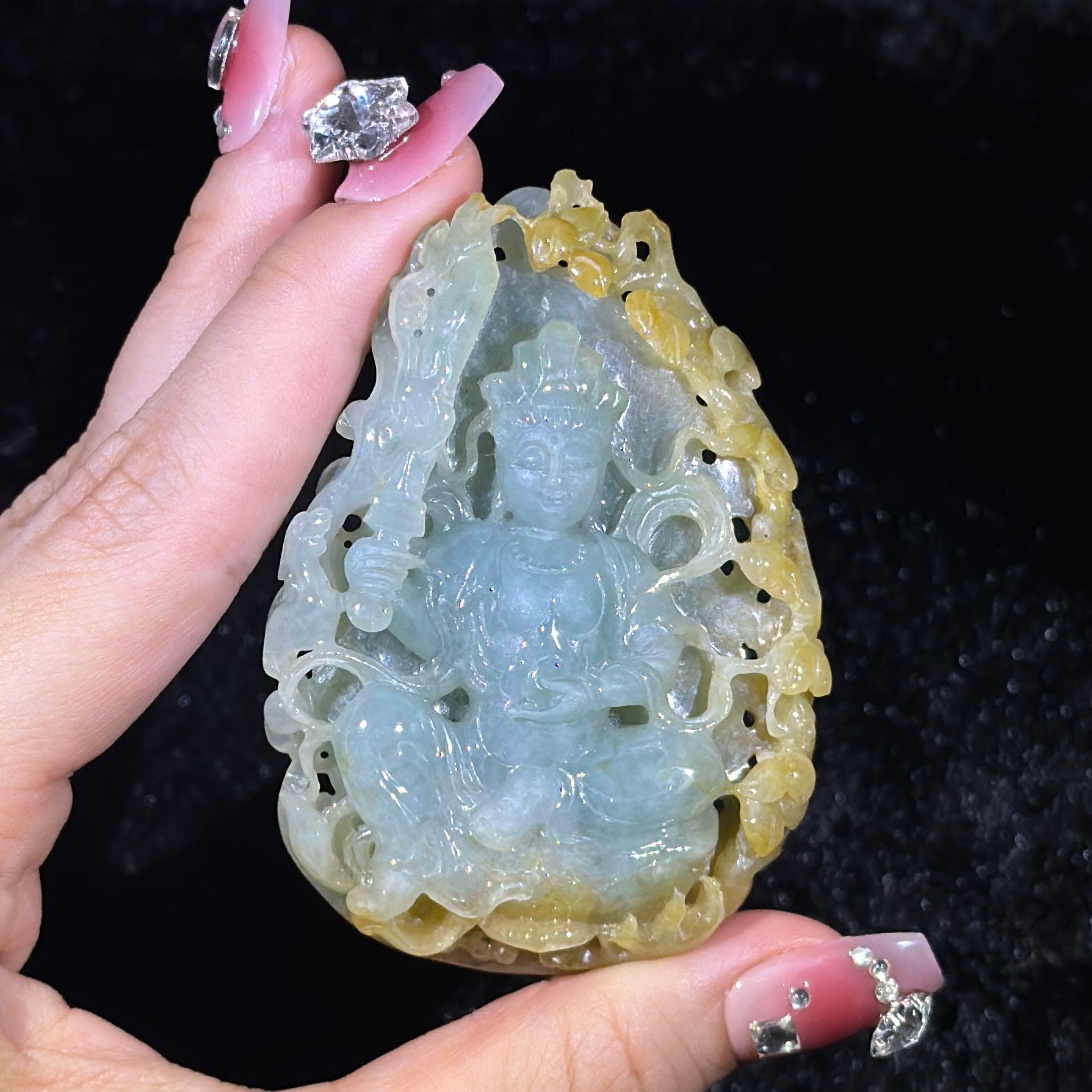 Type A Blueish Green & Yellow Jade Bodhisattva Manjushri