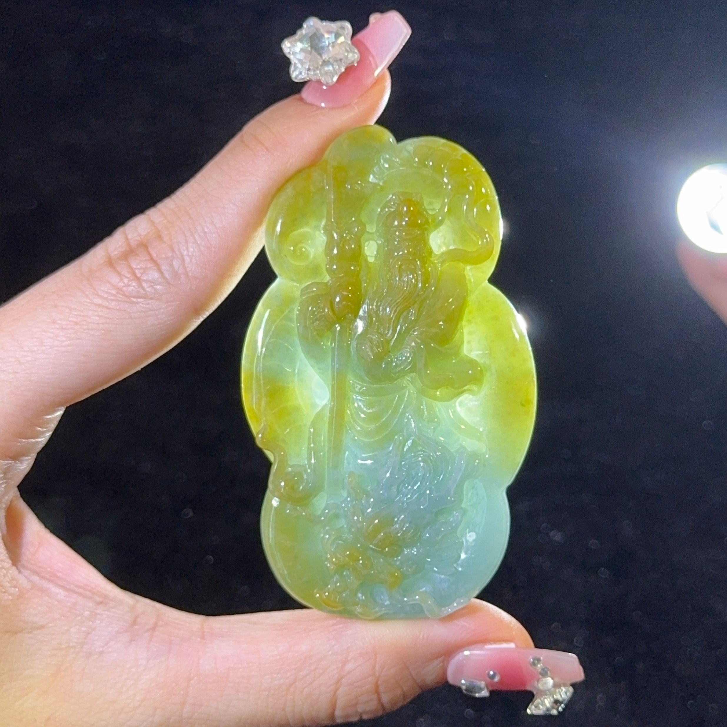 Type A Blueish Green & Yellow Jade Guan Gong & Dragon Pendant