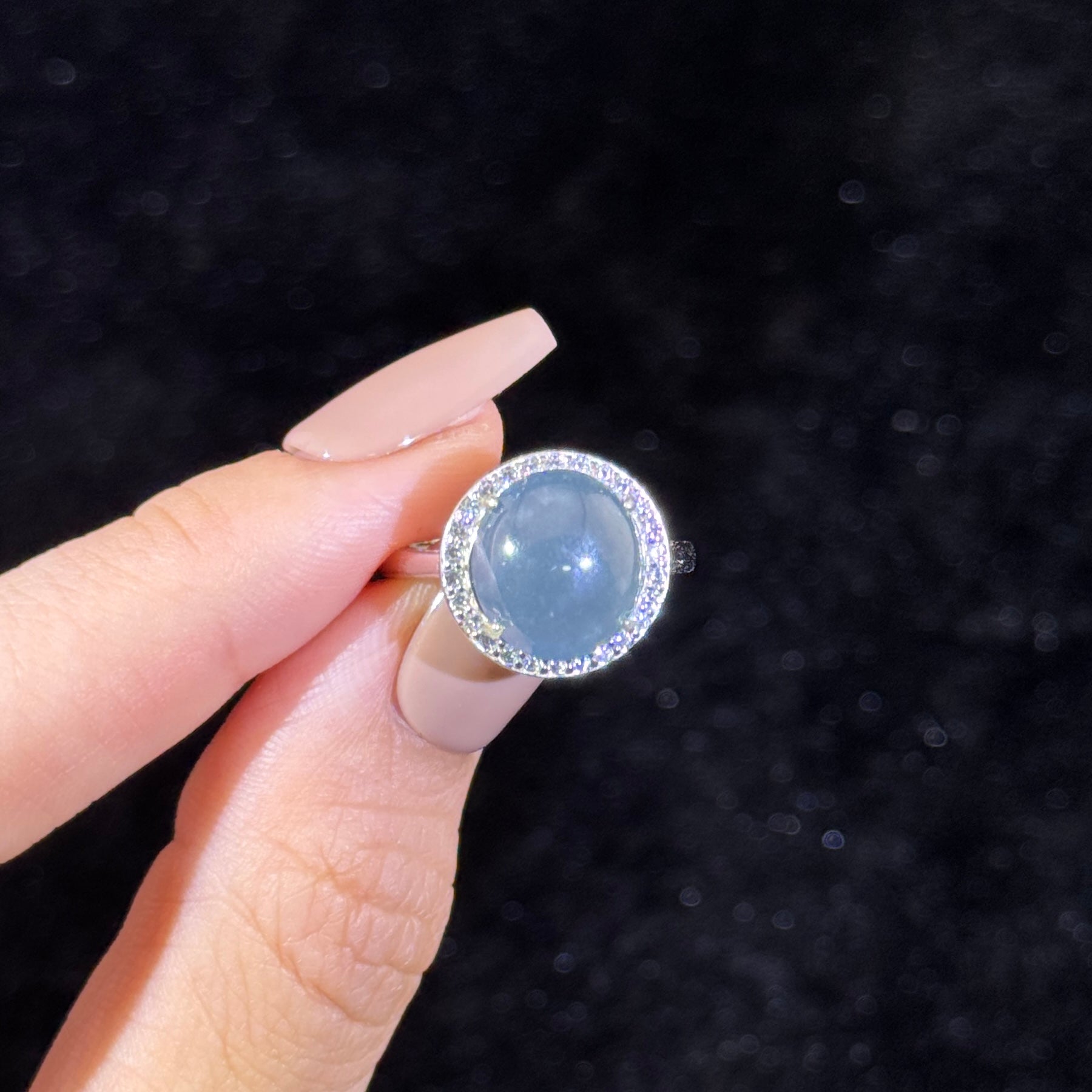 925 Sliver Type A Blueish Green Jade Ring
