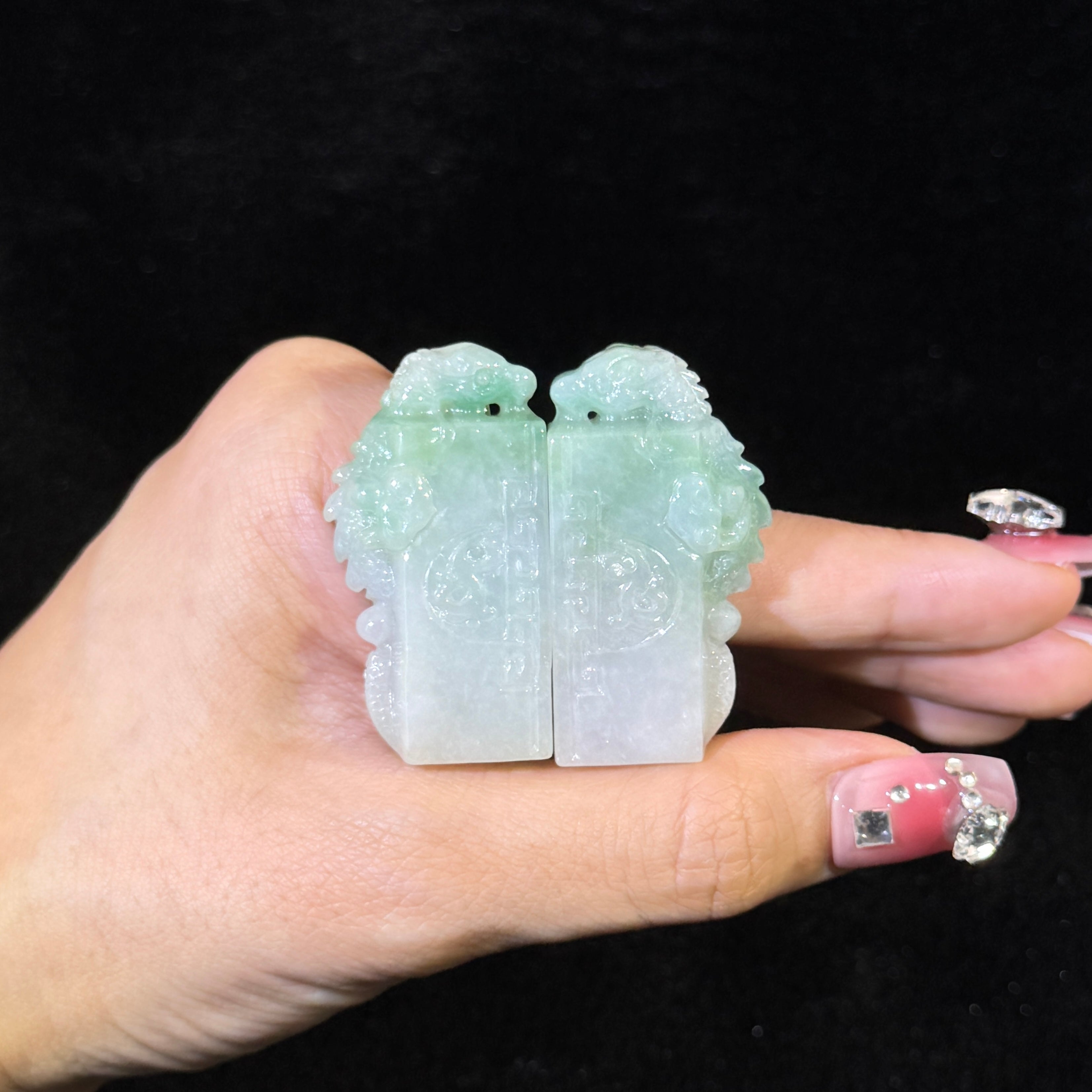 Type A Green Jade Pair of Dragon Seal Display