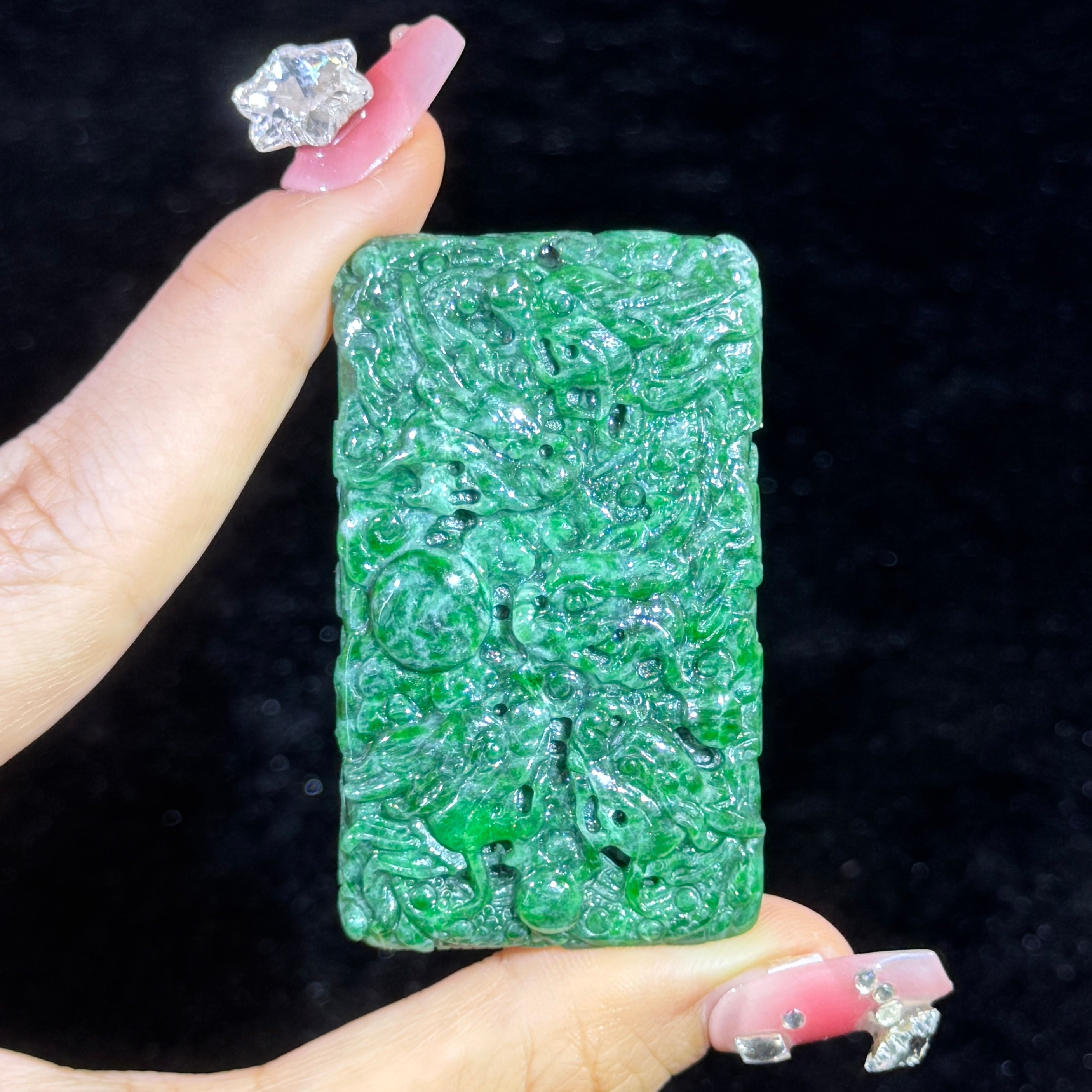 Type A Full Spicy Green Jade 9 Dragons Pendant