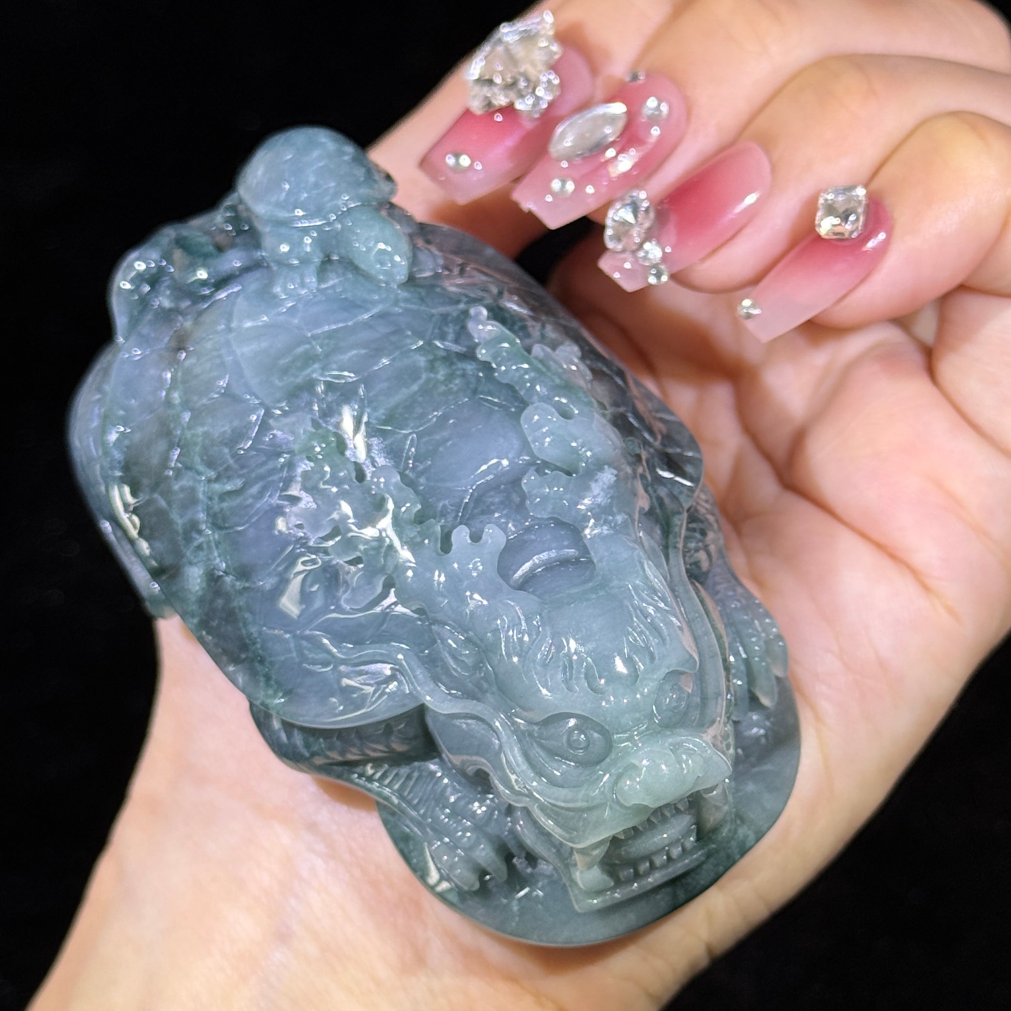 Type A Blueish Green Jade Dragon Tortoise Display