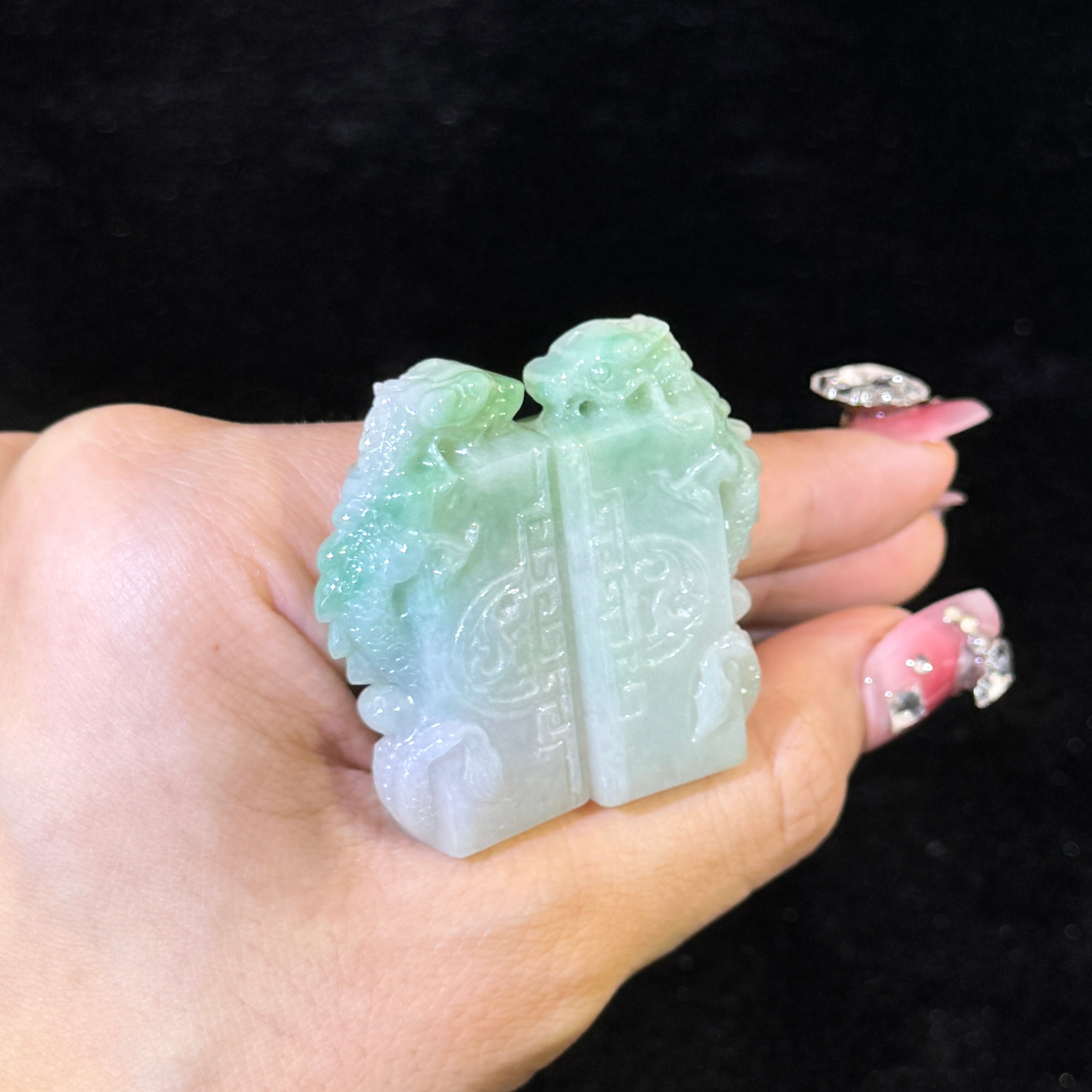 Type A Green Jade Pair of Dragon Seal Display