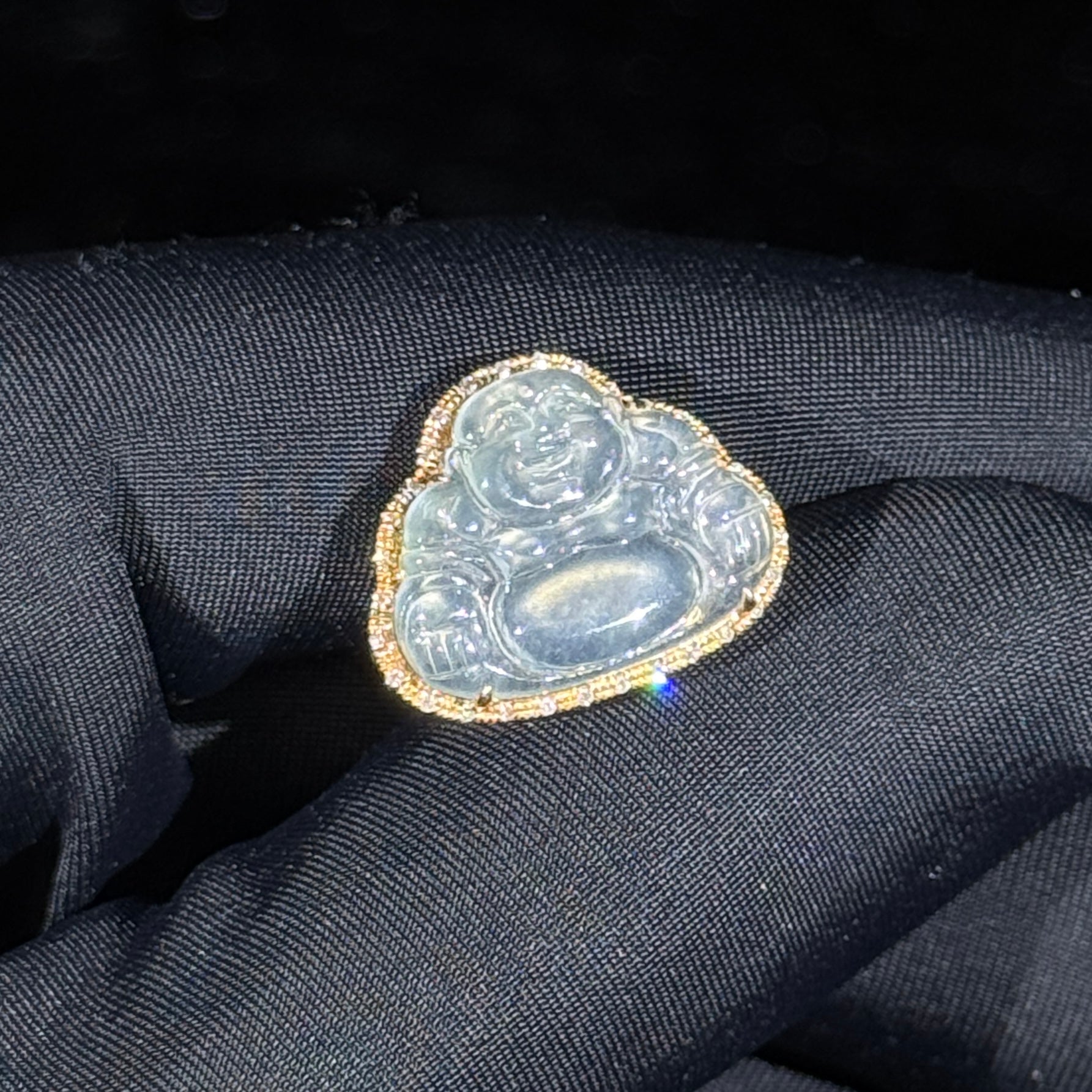 Type A 18k rose gold Semi Icy White Jade Milo Buddha