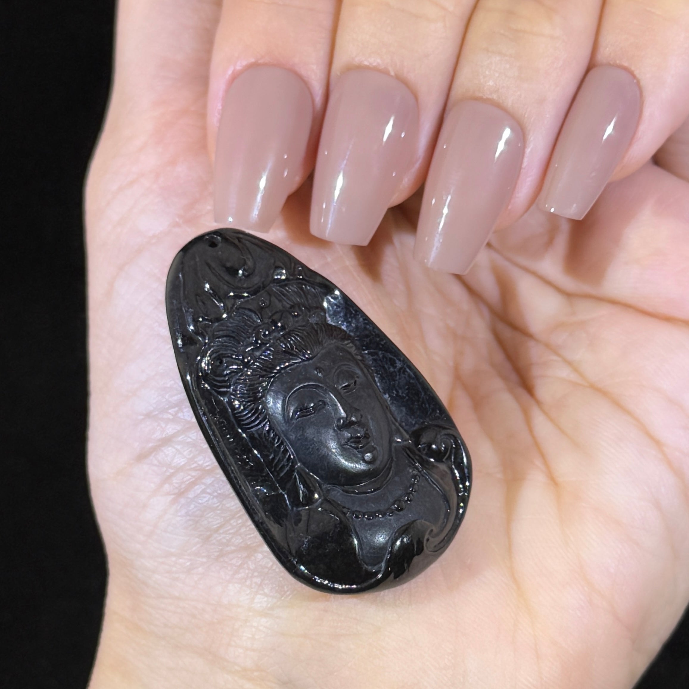 Type A Black Jade Guan Yin Pendant