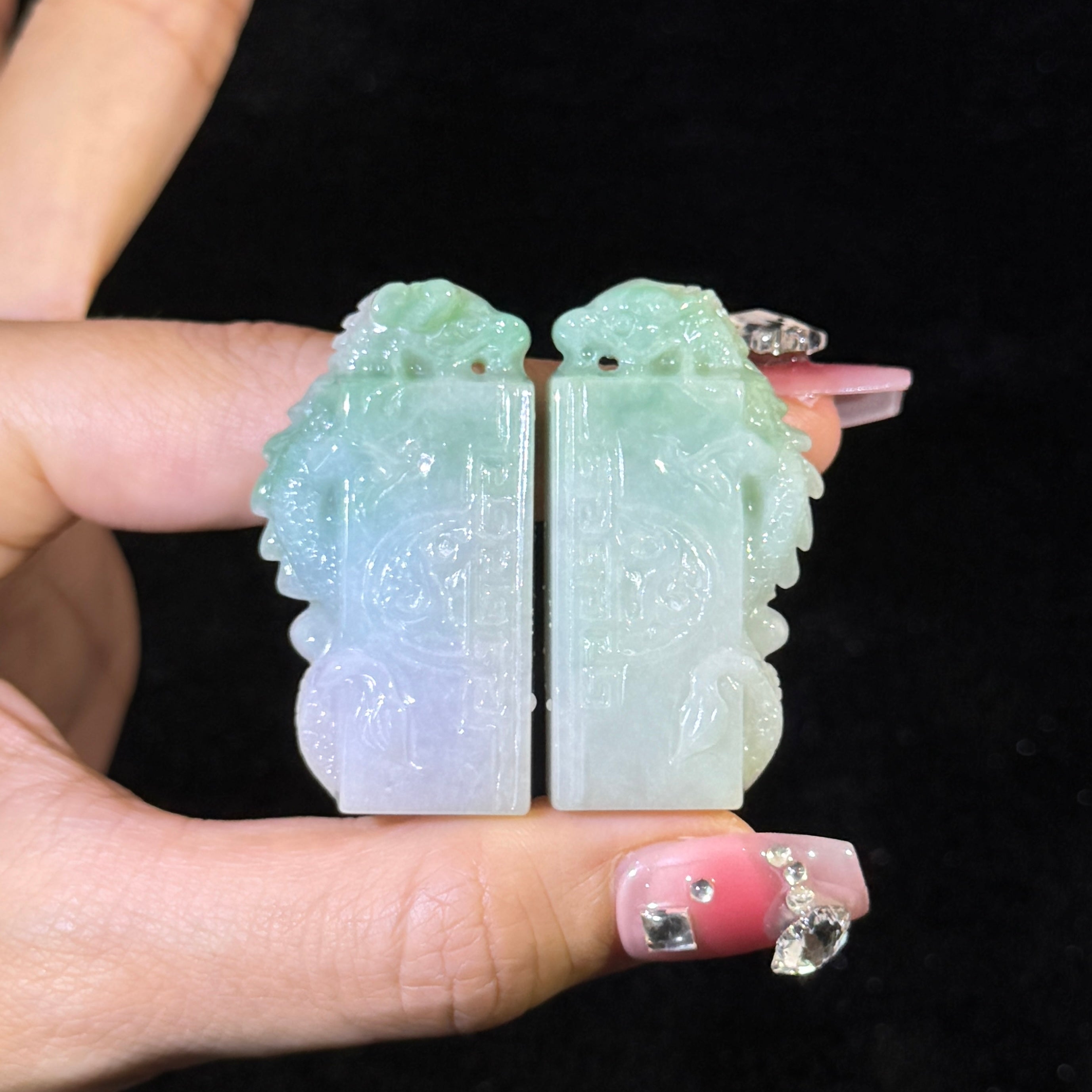 Type A Green Jade Pair of Dragon Seal Display