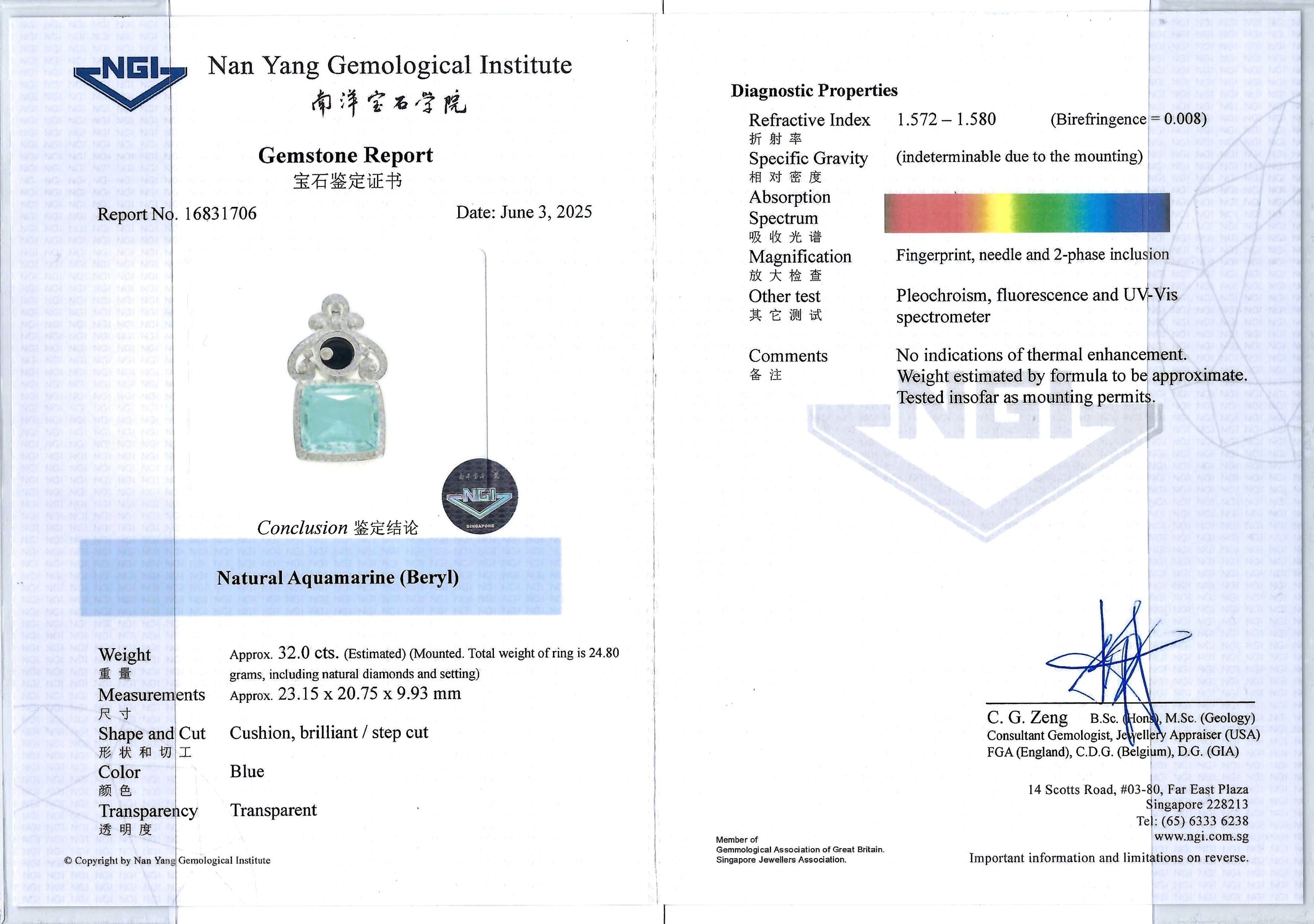 RARE Master Jeweller Natural Aquamarine with Natural Dancing Diamond and 18k White Gold NGI Cert
