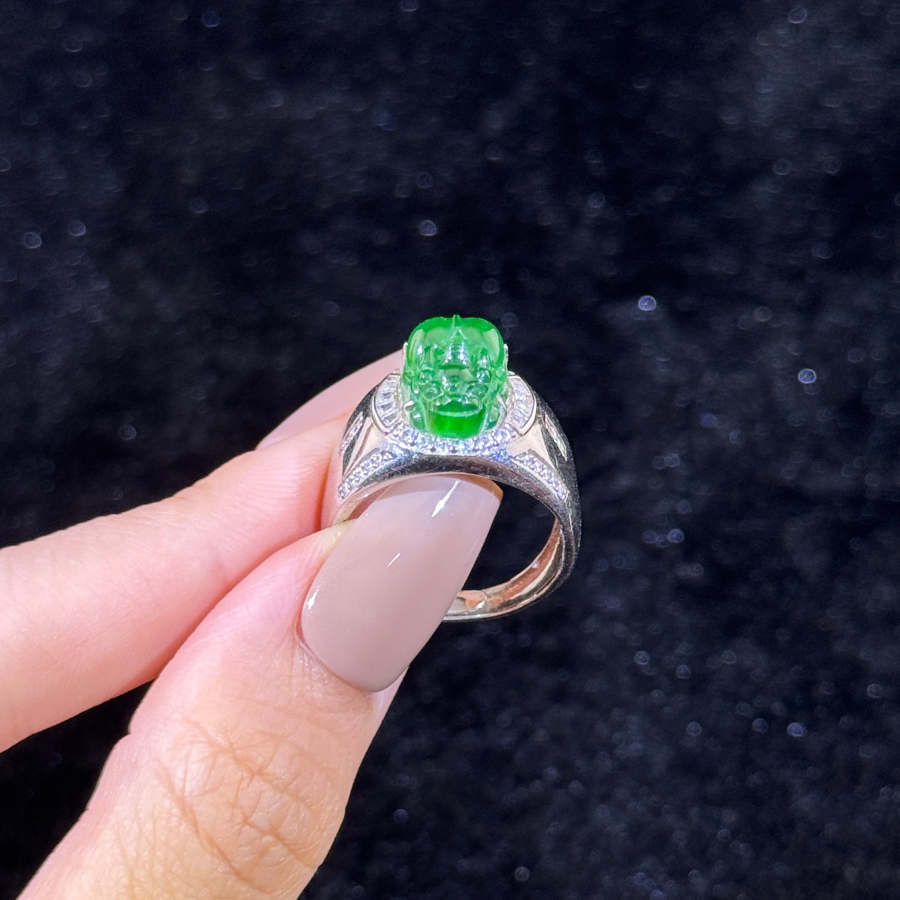 925 Sliver Type A Green Jade Pixiu Ring