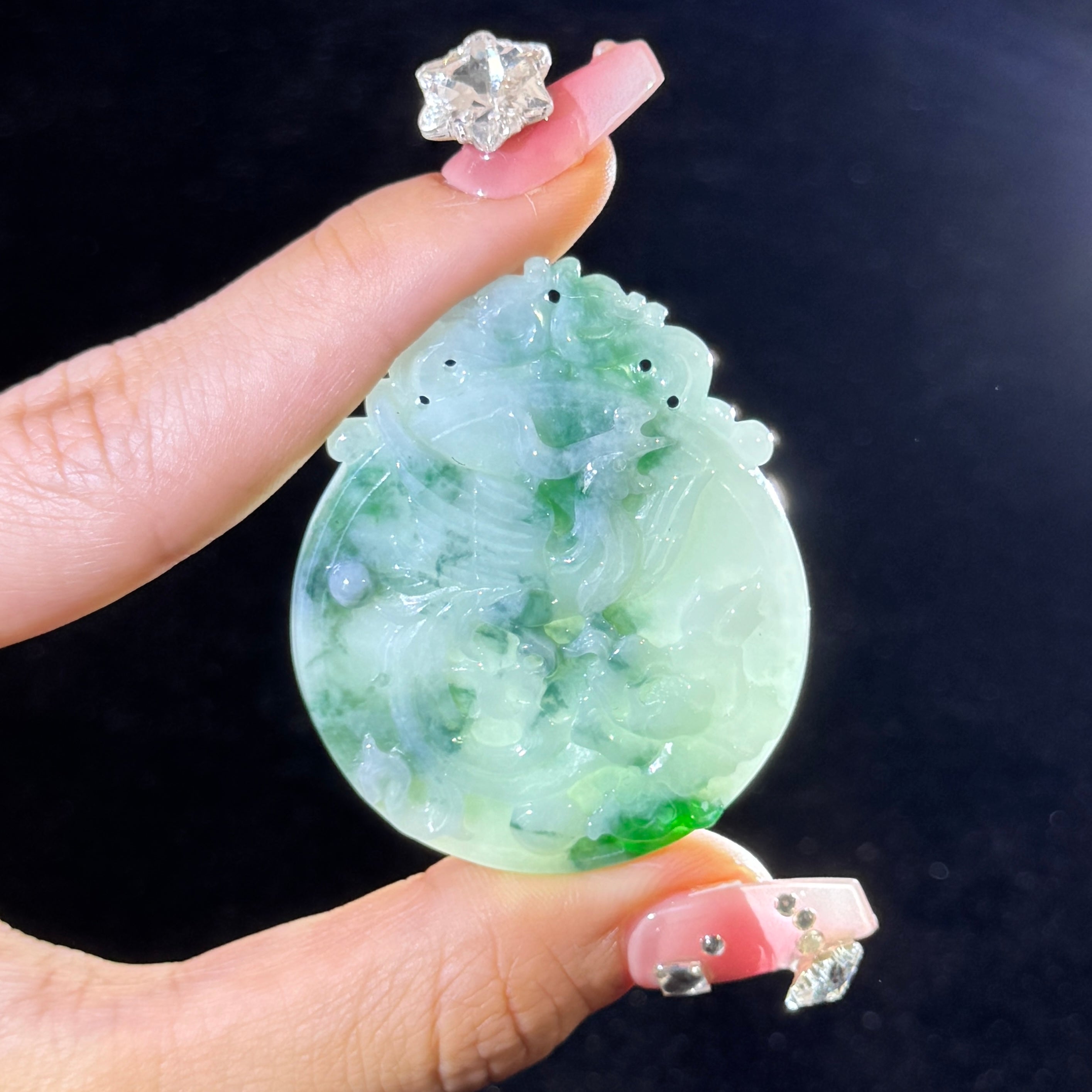 Type A Green Jade Dragon Phoenix Pendant