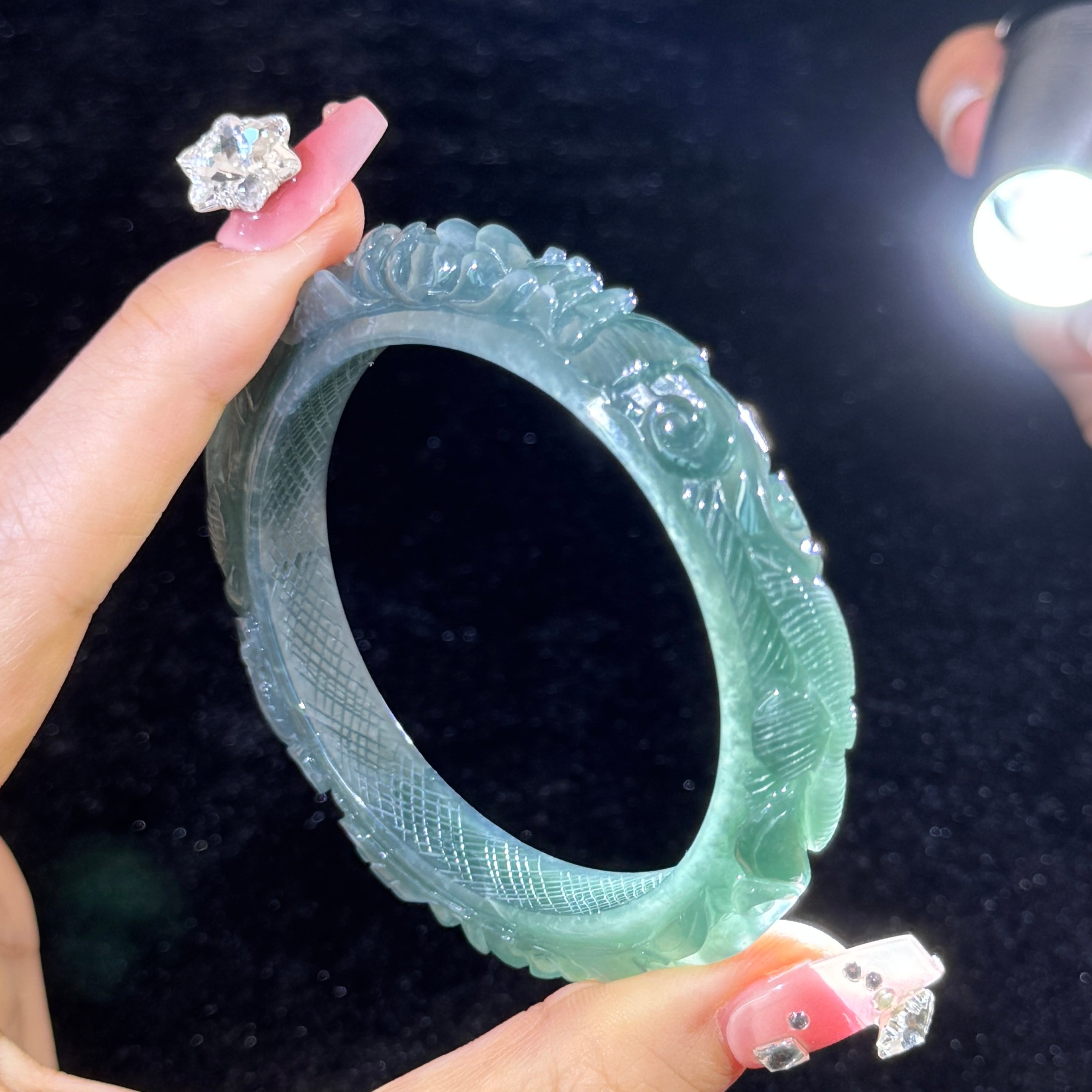Type A Blueish Green Jade Birds & Flowers Bangle Pendant set