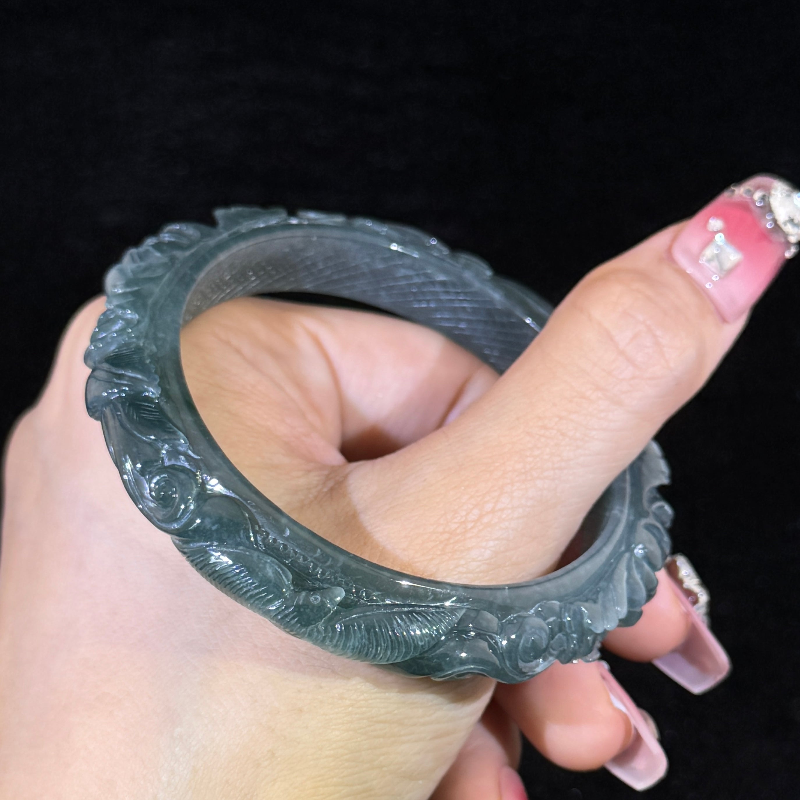 Type A Blueish Green Jade Birds & Flowers Bangle Pendant set