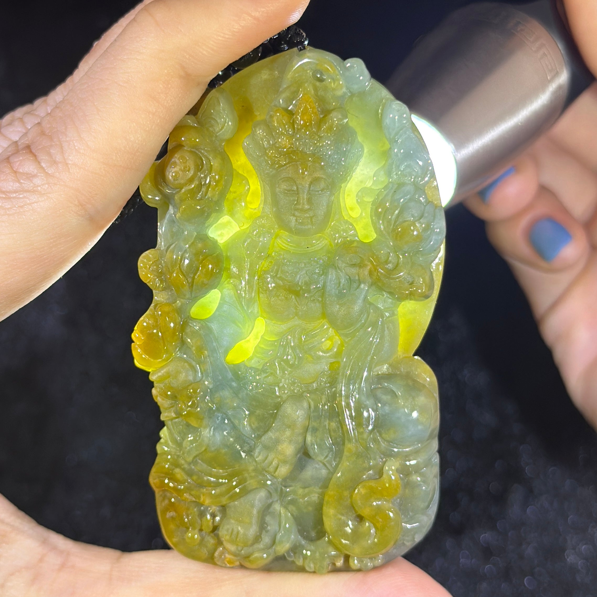 Blueish Green & Yellow Jade Mahasthamaprapta Bodhisattva