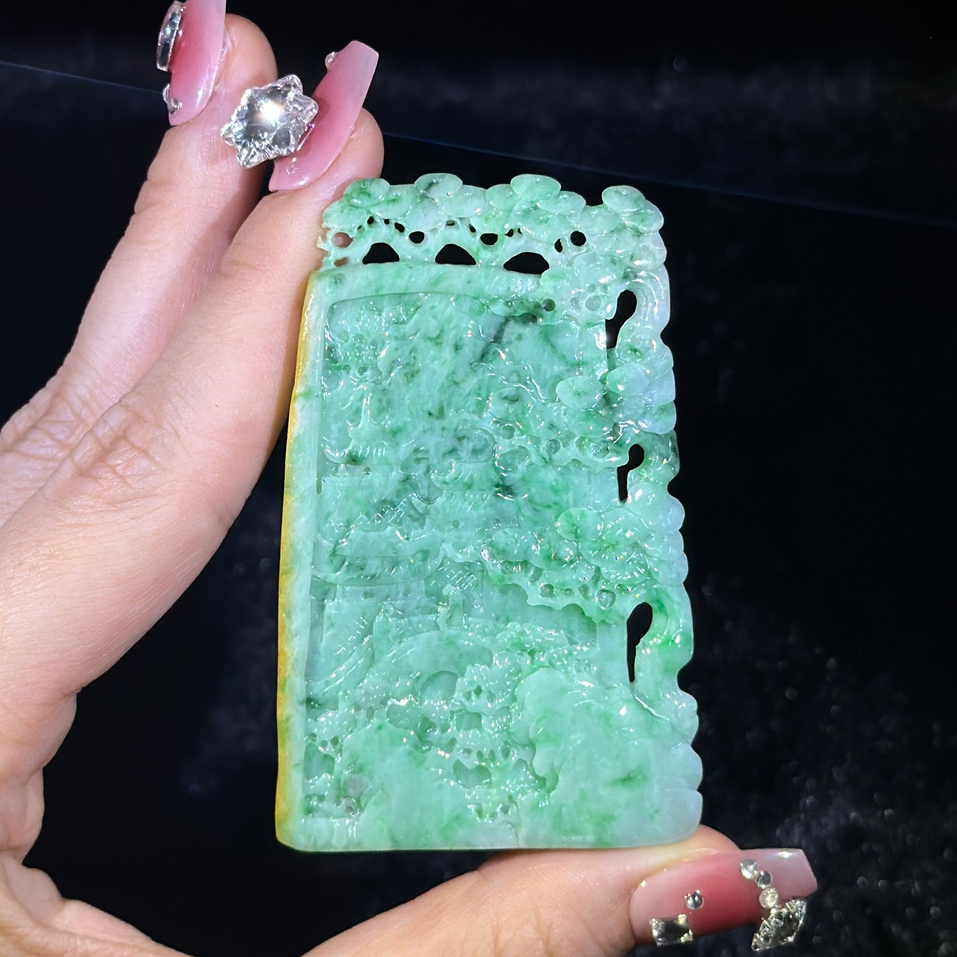 Type A Spicy Green & Yellow Jade Scenic Piece Shan Shui