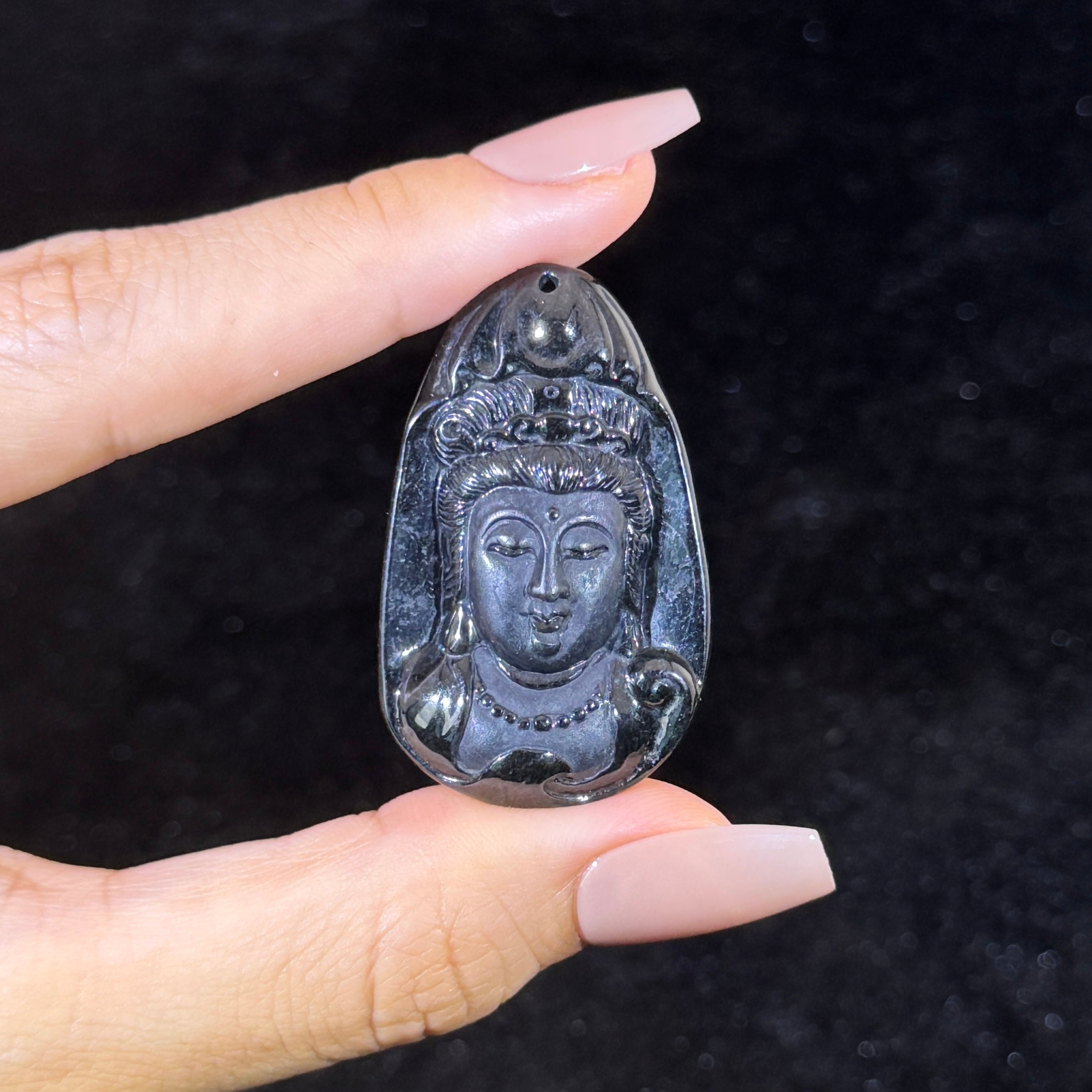Type A Black Jade Guan Yin Pendant