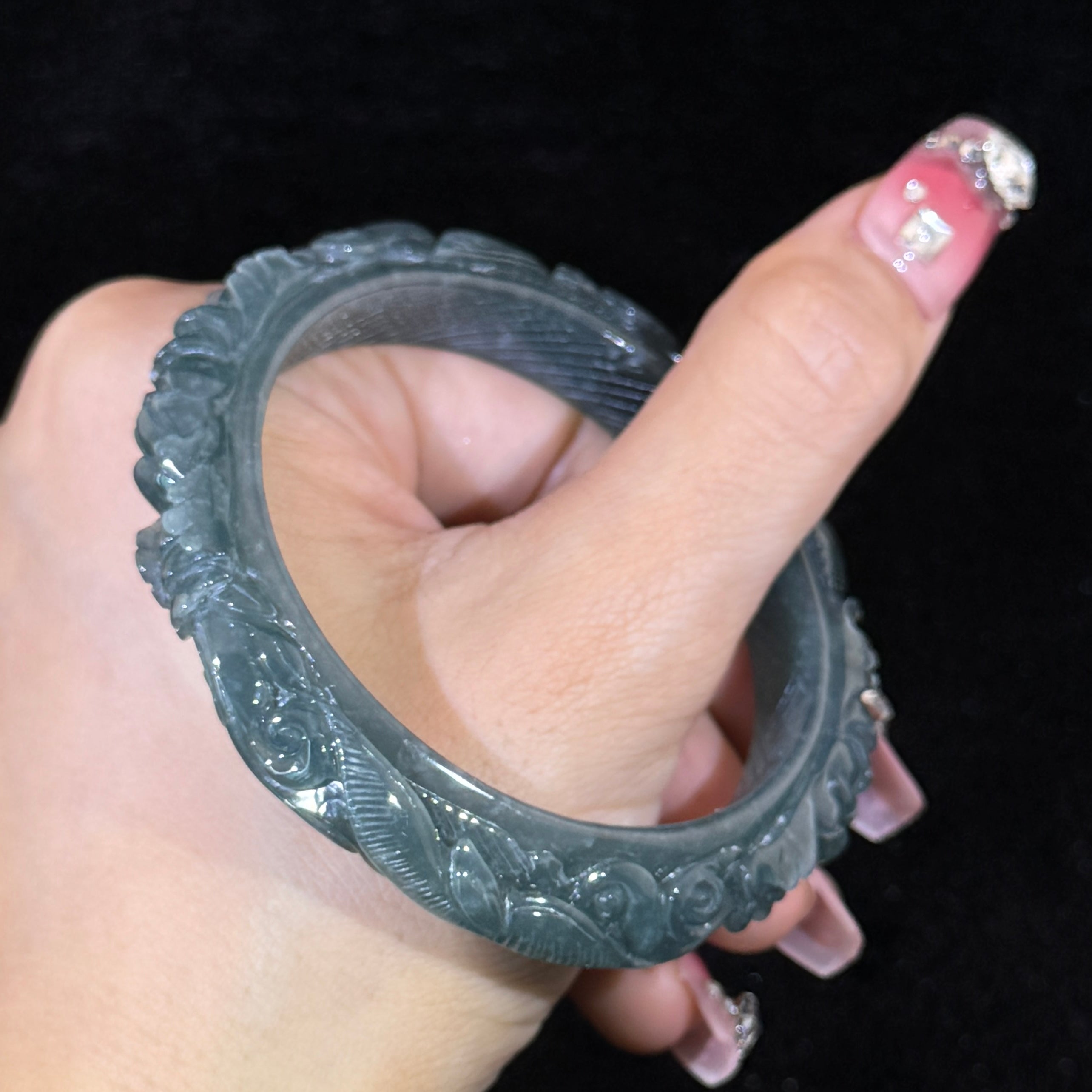 Type A Blueish Green Jade Birds & Flowers Bangle Pendant set