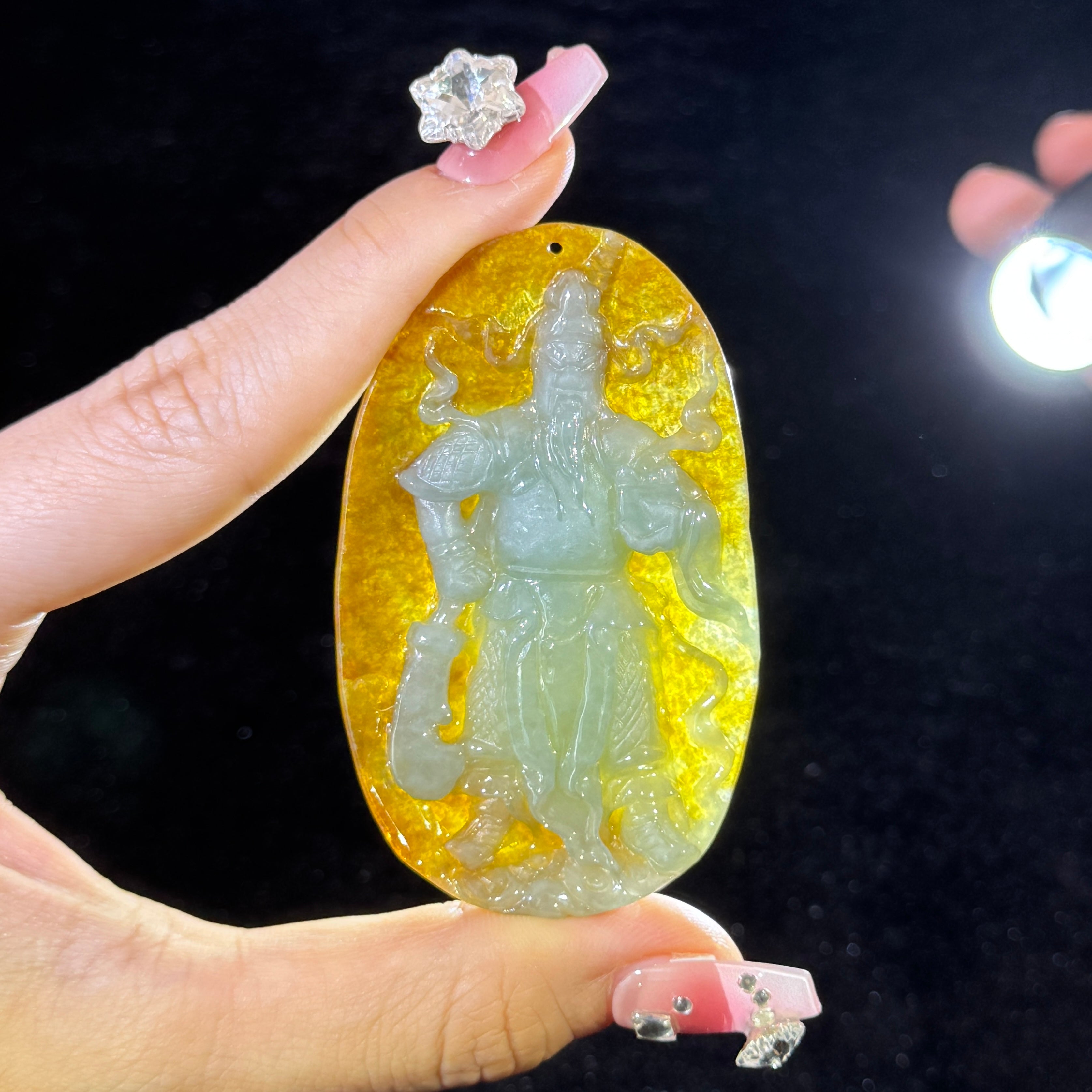 Type A Green & Yellow Jade Guan Gong Pendant