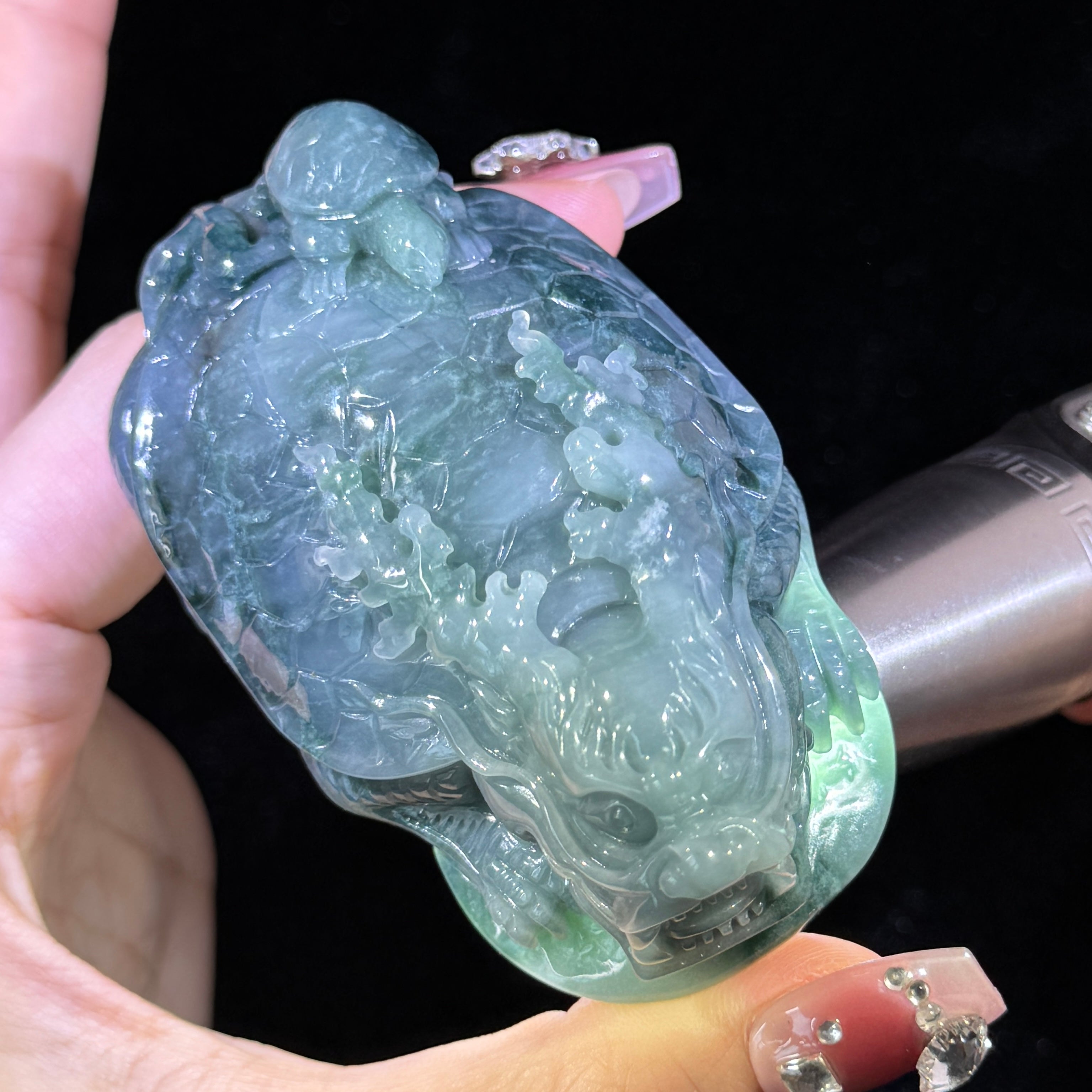 Type A Blueish Green Jade Dragon Tortoise Display