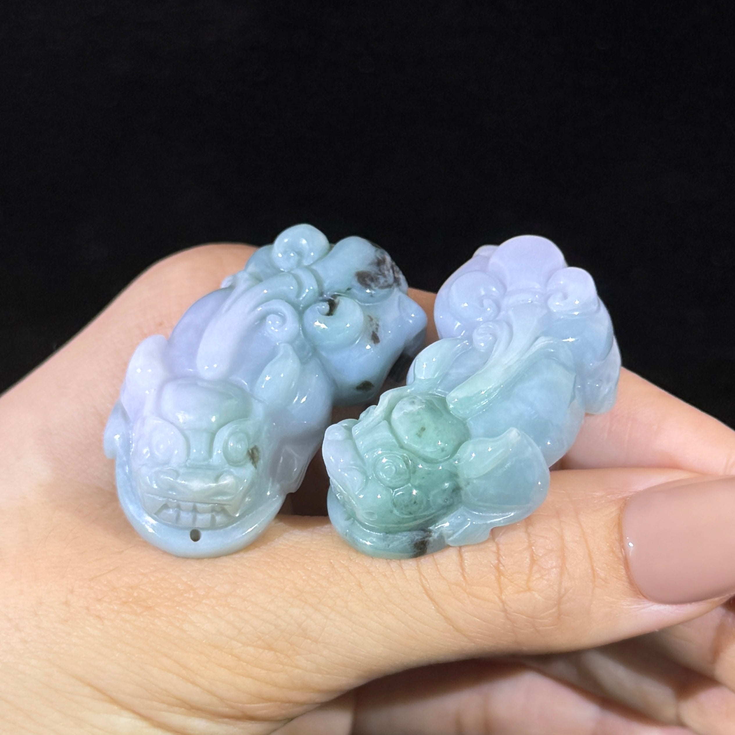 Type A Lavender & Green Jade Pixiu Pair Display