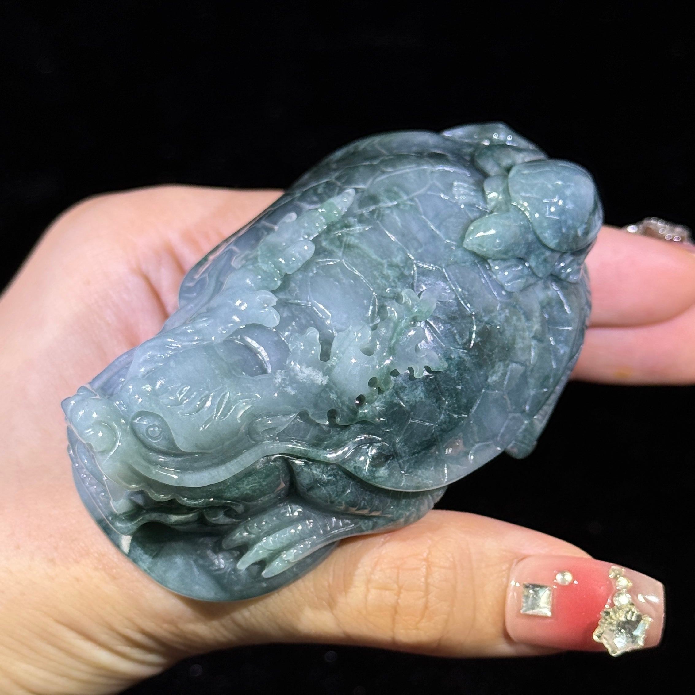 Type A Blueish Green Jade Dragon Tortoise Display