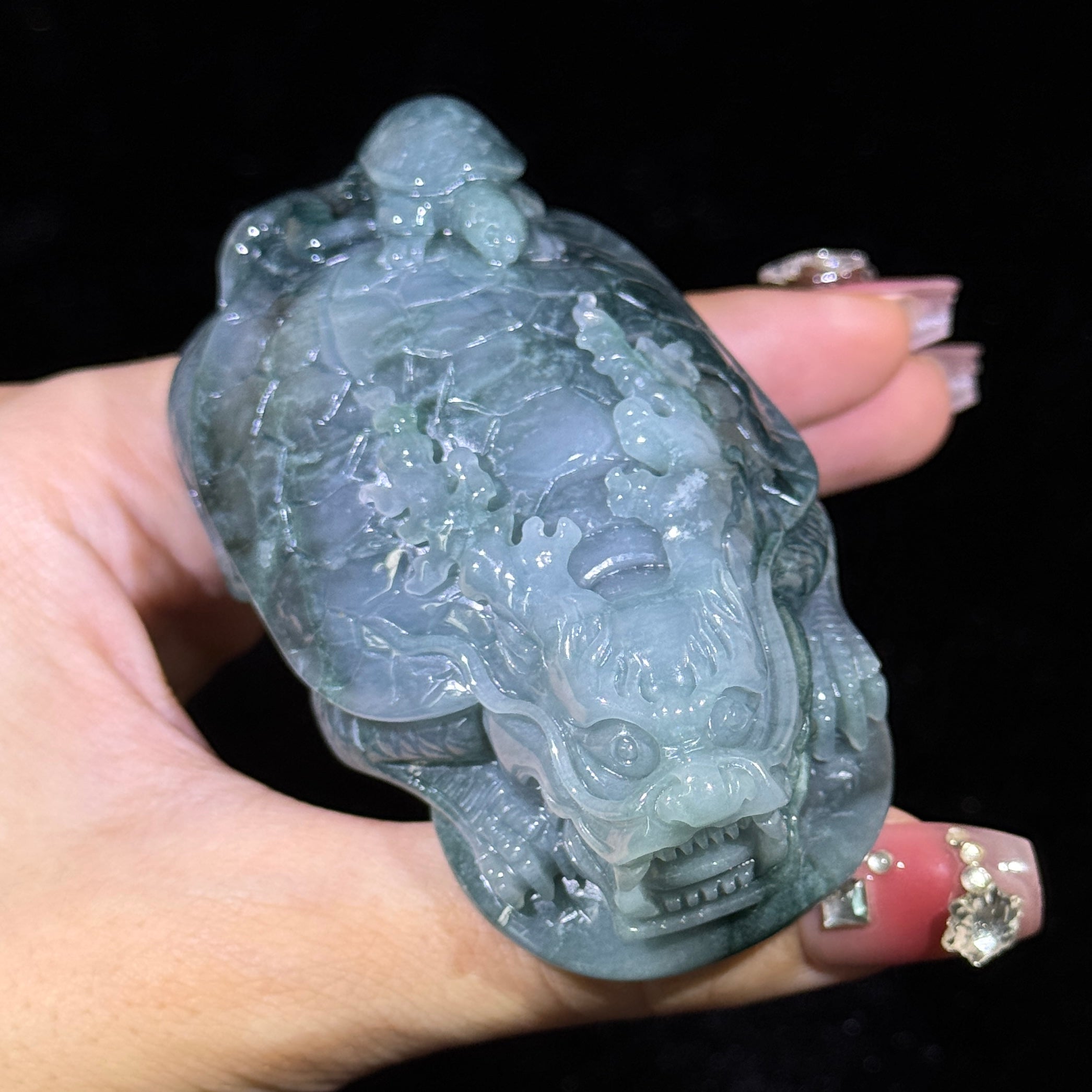 Type A Blueish Green Jade Dragon Tortoise Display